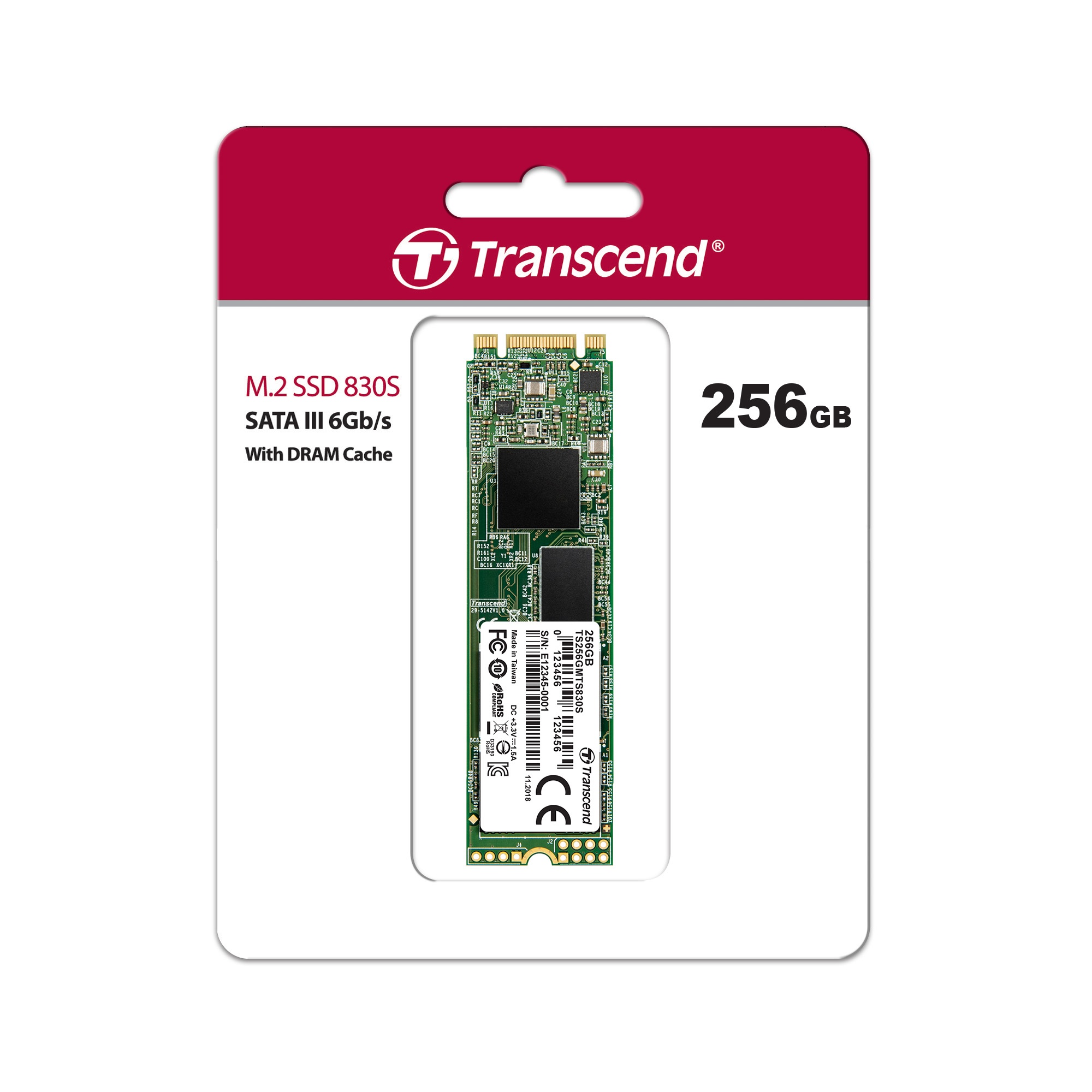 Накопитель SSD Transcend MTS830S, 256Gb, M.2 2280, SATA3, R/W 560/500