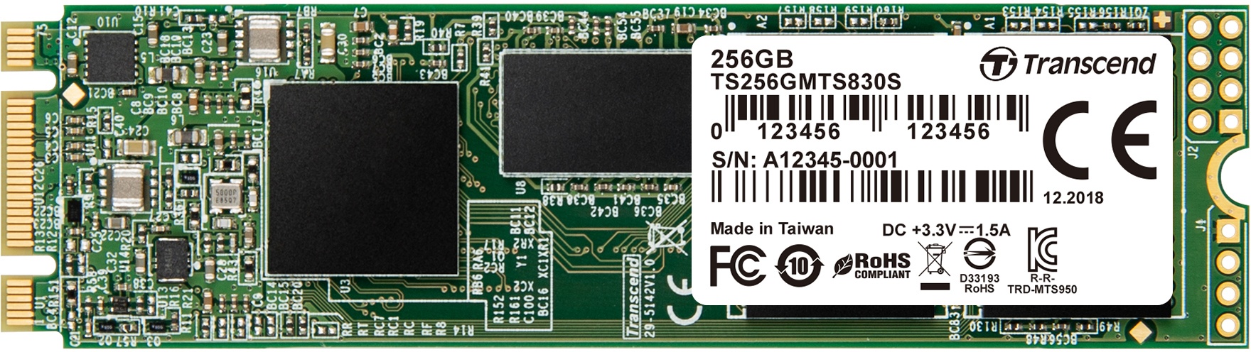 Накопитель SSD Transcend MTS830S, 256Gb, M.2 2280, SATA3, R/W 560/500