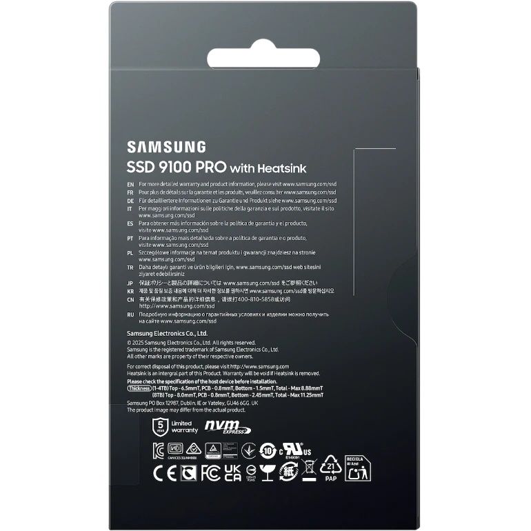 Твердотельный накопитель SSD Samsung M.2 2280 8TB 9100 PRO PCIe Gen5x4 with NVMe, V NAND TLC (V8) In