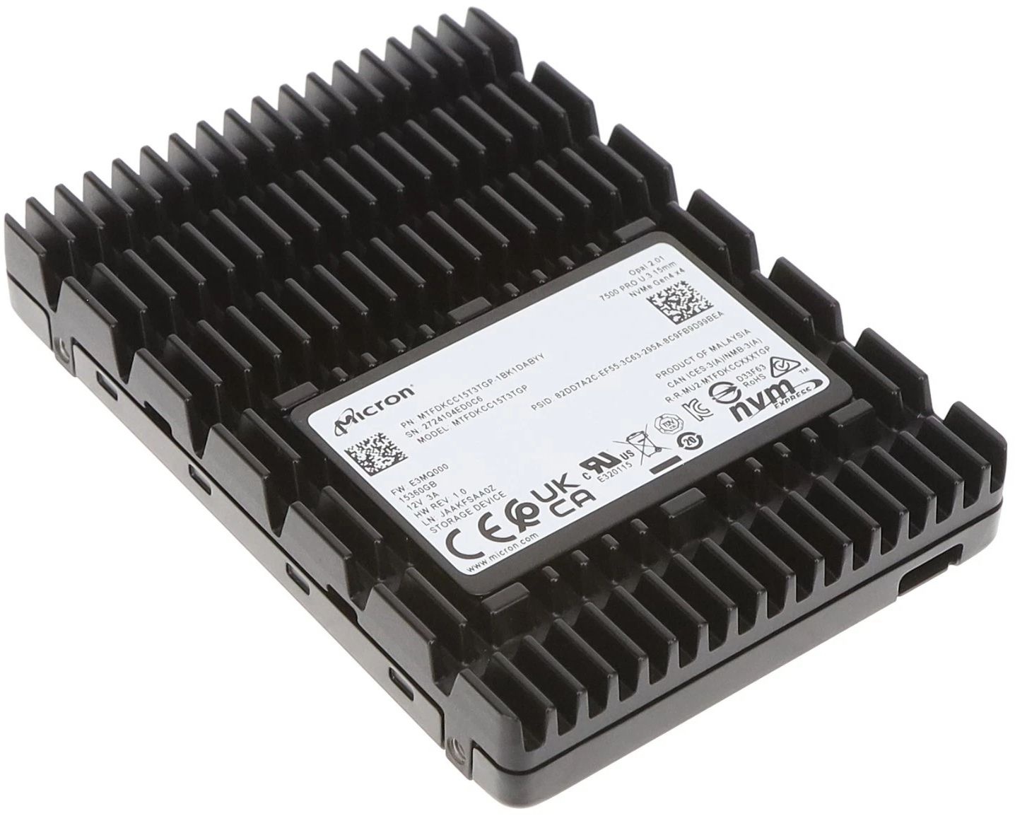 Твердотельный накопитель/ Micron SSD 7500 PRO, 15360GB, U.3(2.5" 15mm), NVMe, PCIe 4.0 x4, 3D TLC, R