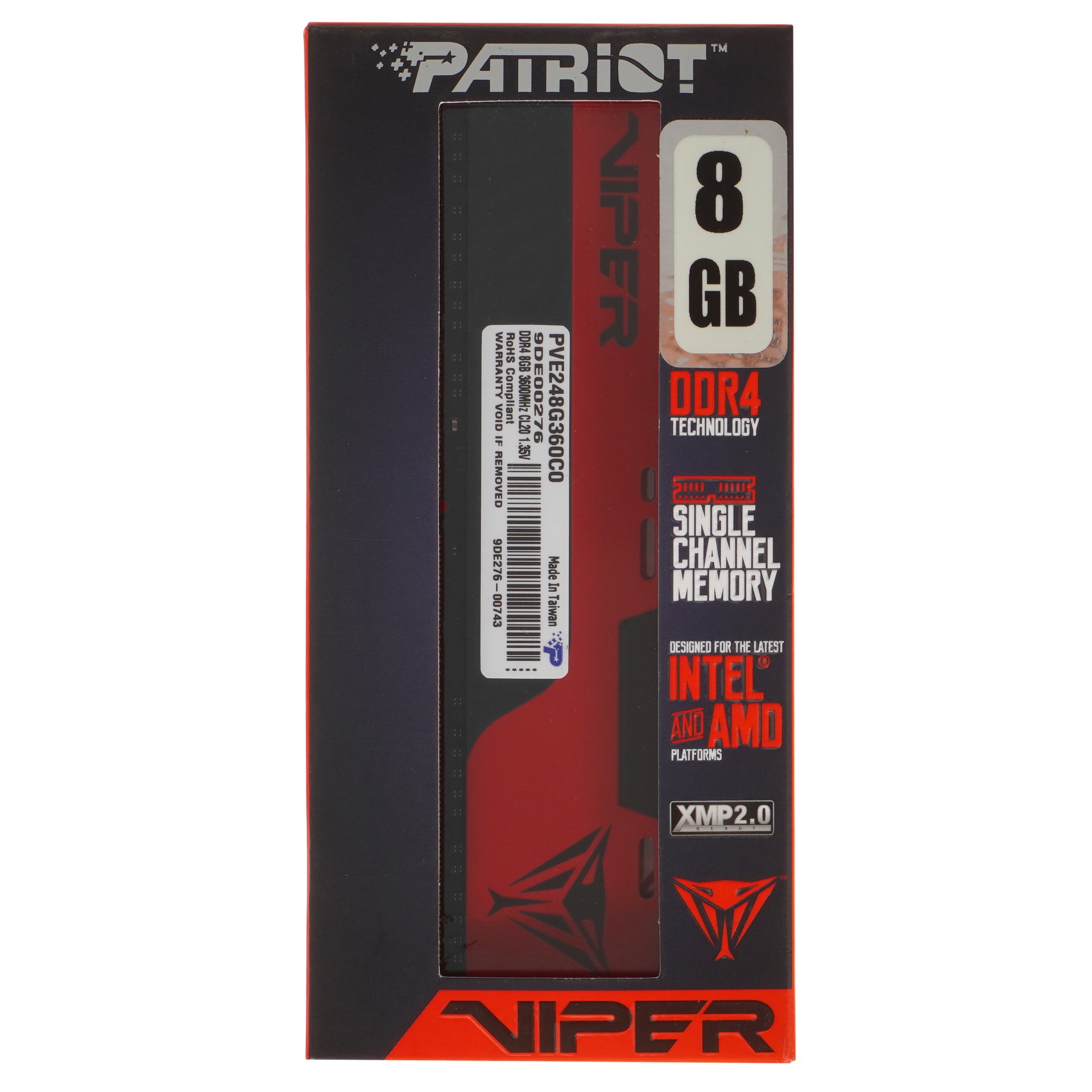 Оперативная память Patriot Viper Elite II, DDR4, 8GB (1x8 GB), 3600 MHz, CL20, радиатор, красный/чёр