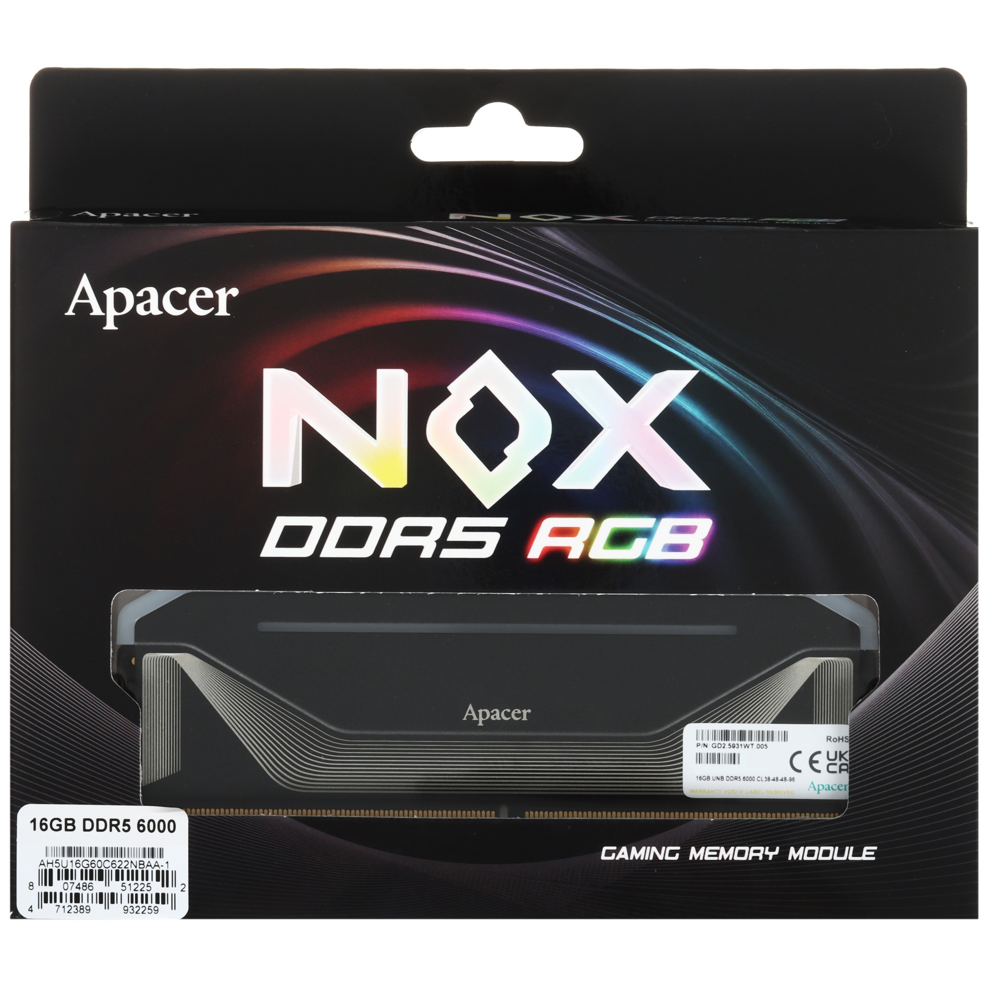 Оперативная память Apacer Nox, DDR5, 16GB (1x16 GB), 6000 MHz, CL38, радиатор, RGB, черный