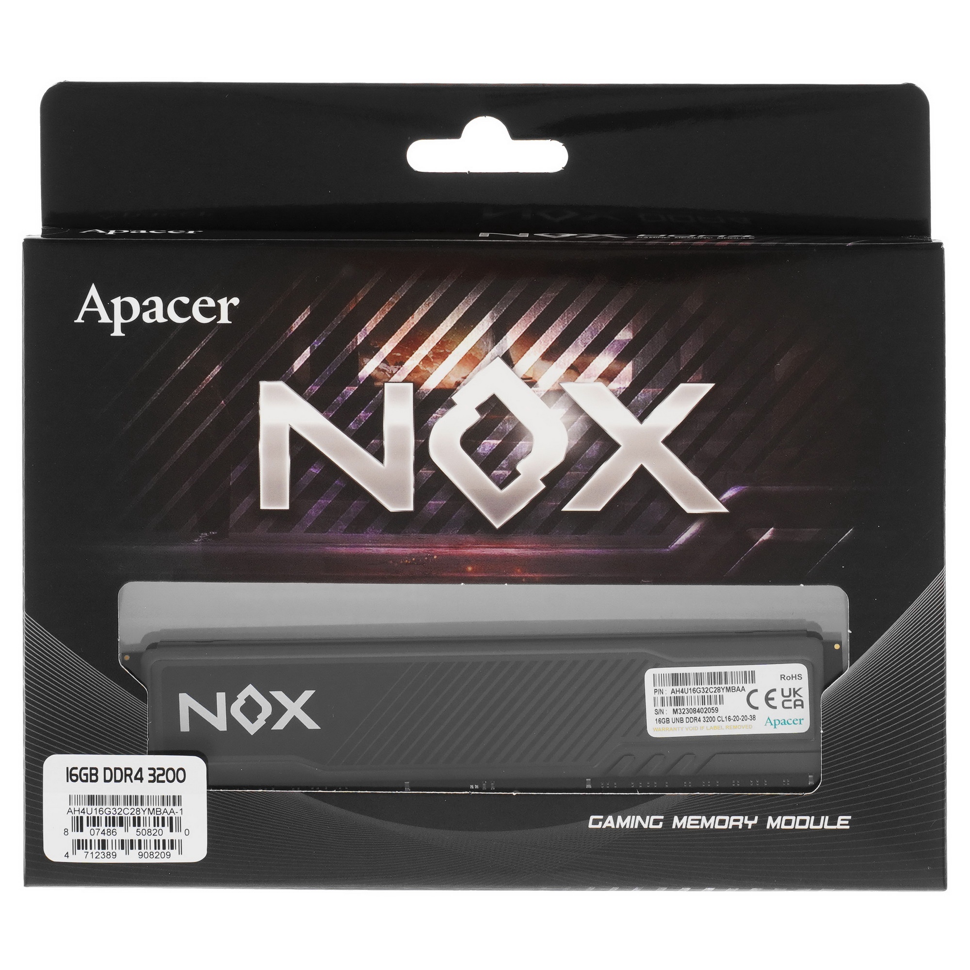 Оперативная память Apacer Nox, DDR4, 16GB (1x16 GB), 3200 MHz, CL16, радиатор, черный
