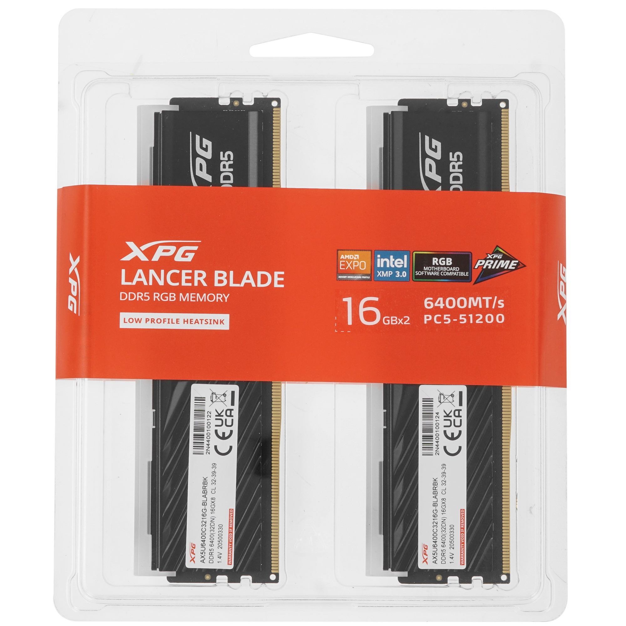Оперативная память XPG Lancer Blade, DDR5, 32GB (2x16GB), 6400MHz, CL32, с радиаторами, RGB, чёрный