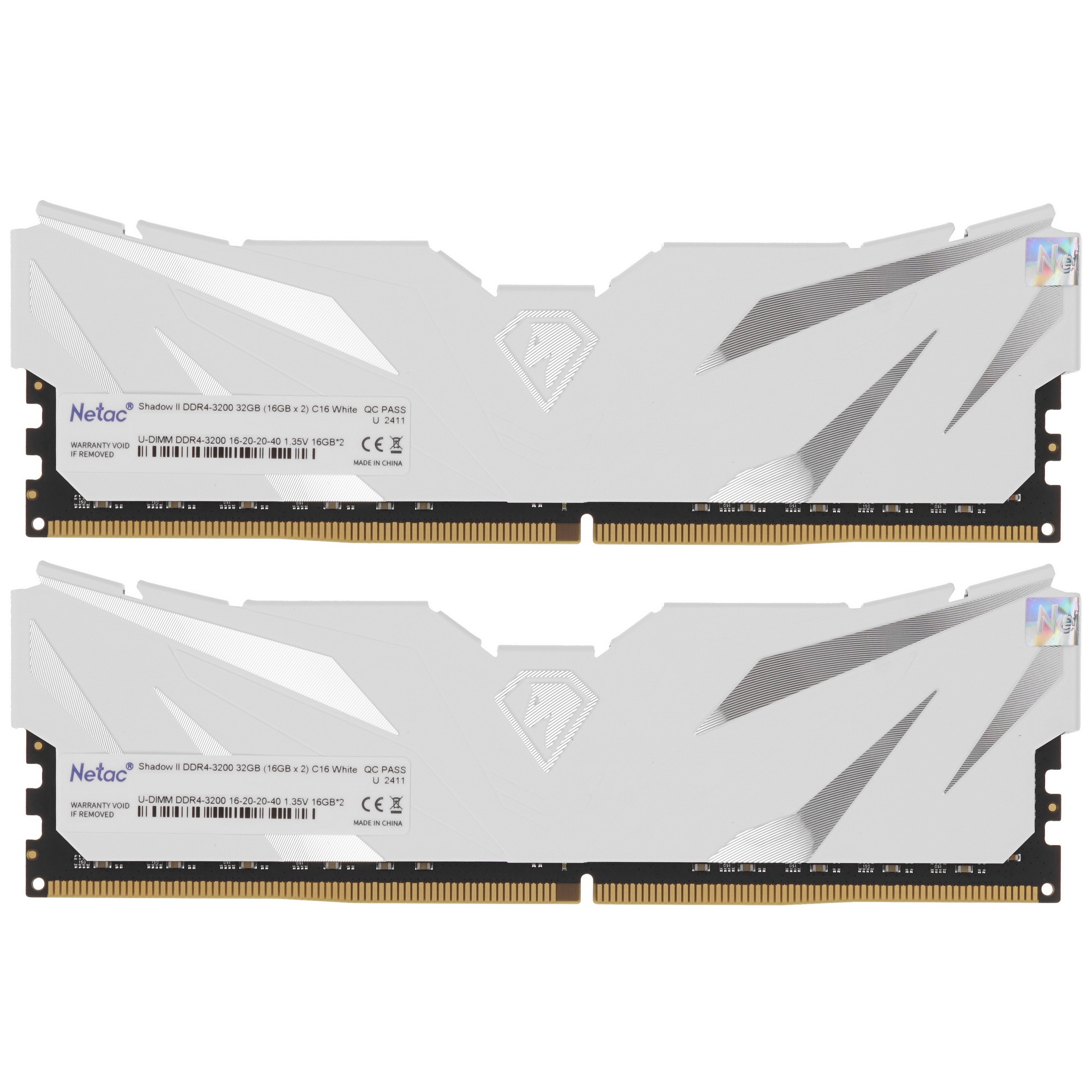 Оперативная память NETAC, DDR4, 32GB (2x16GB), 3200MHz, CL16, с радиаторами, белый