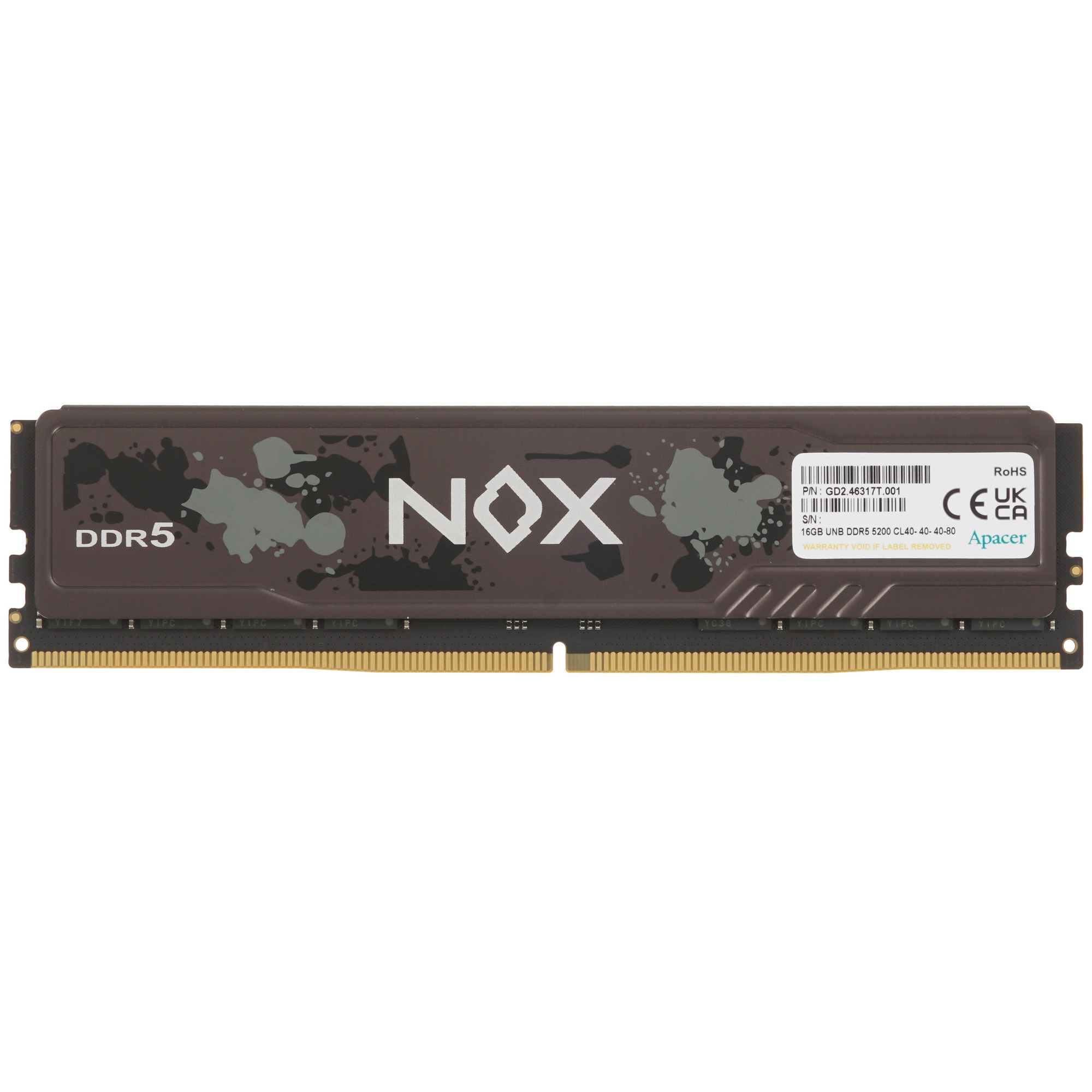 Оперативная память Apacer Nox, DDR5, 16GB (1x16 GB), 5200 MHz, CL40, радиатор, черный