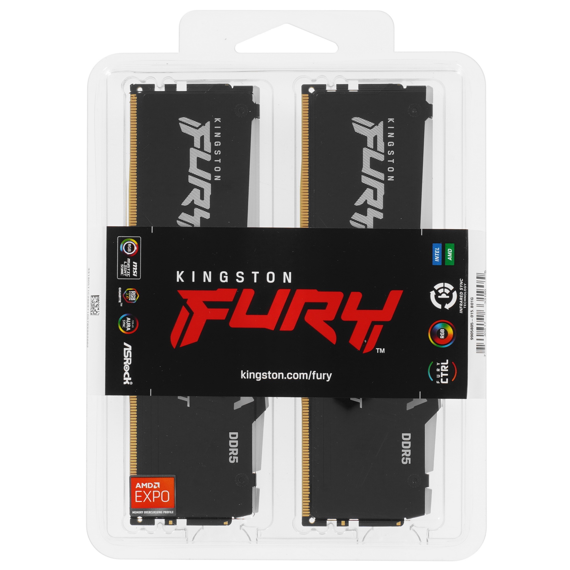Оперативная память Kingston Fury Beast, DDR5, 16GB (2x8GB), 6000MHz, CL36, с радиаторами, RGB, черны