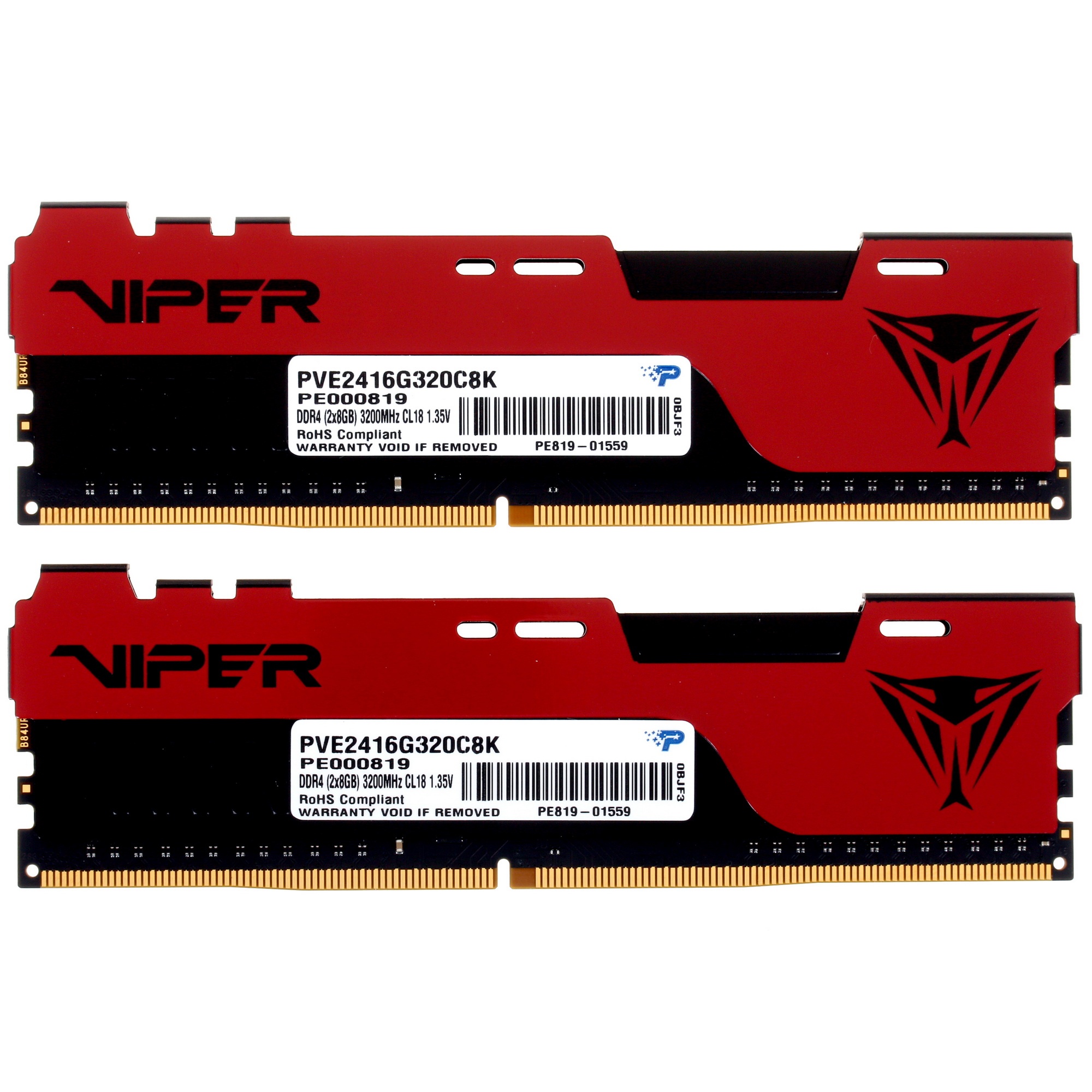 Оперативная память Patriot Viper Elite II, DDR4, 16GB (2x8 GB), 3200 MHz, CL18, радиатор, красный, ч