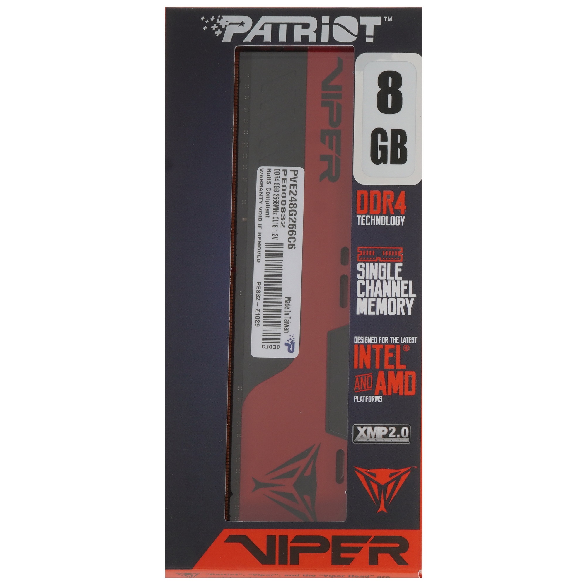 Оперативная память Patriot Viper Elite II, DDR4, 8GB (1x8 GB), 2666 MHz, CL16, радиатор, красный