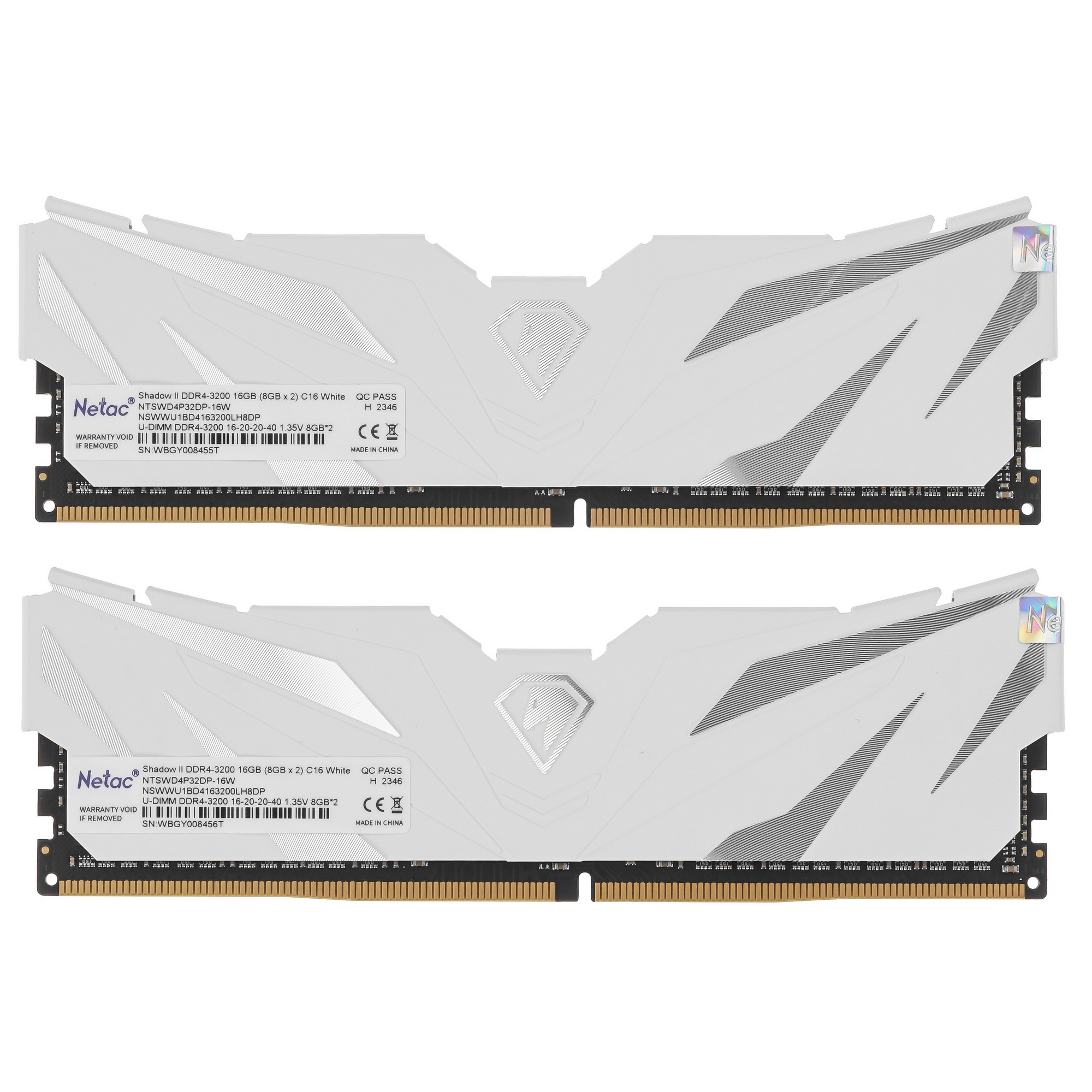 Оперативная память NETAC, DDR4, 16GB (2x8GB), 3200MHz, CL16, с радиаторами, белый