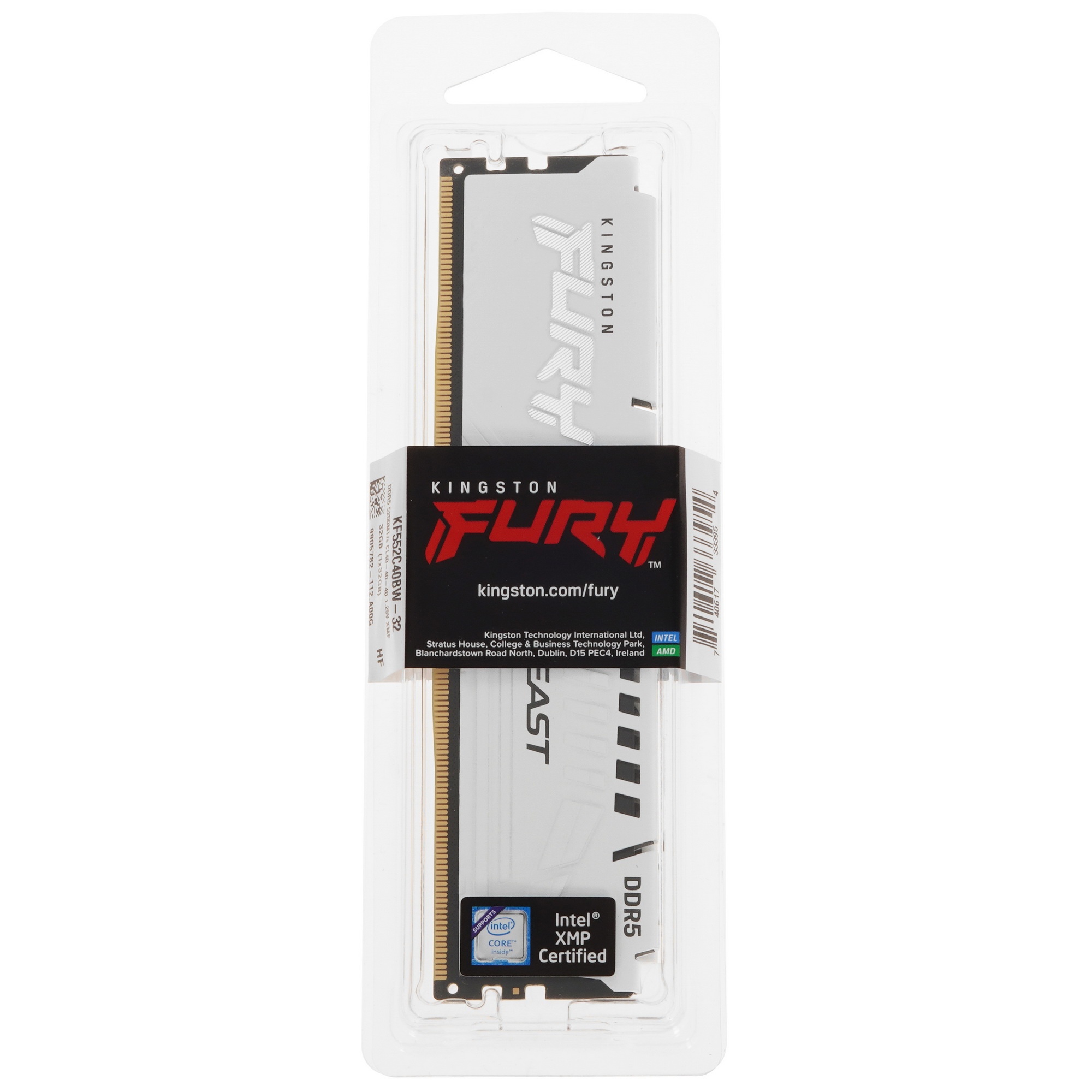 Оперативная память Kingston Fury Beast, DDR5, 32GB (1x32GB), 5200MHz, CL40, радиатор, белый