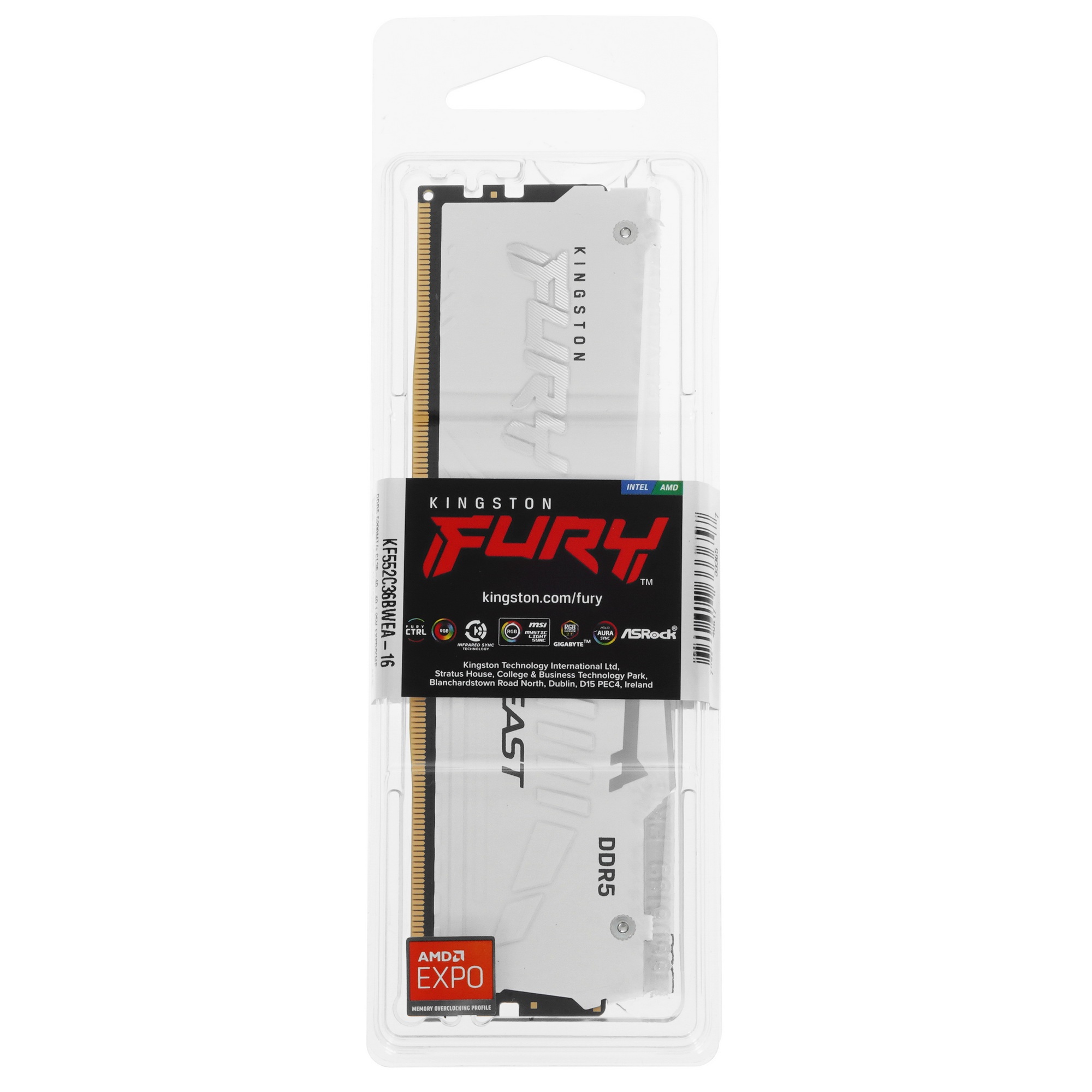Оперативная память Kingston Fury Beast, DDR5, 16GB (1x16GB), 5200MHz, CL36, с радиатором, RGB, белый