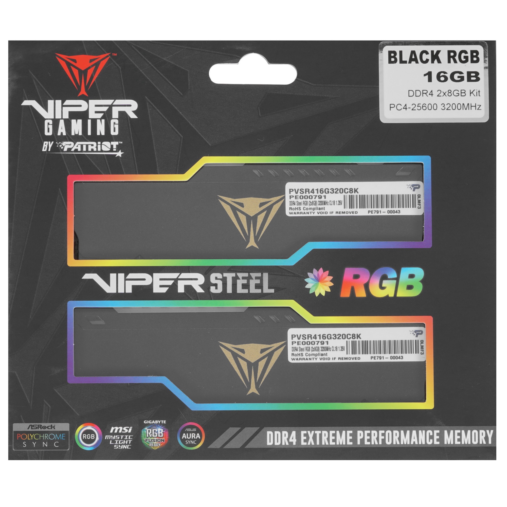 Оперативная память Patriot Viper Steel, DDR4, 16GB (2x8GB), 3200MHz, CL18, с радиатором, RGB, черный