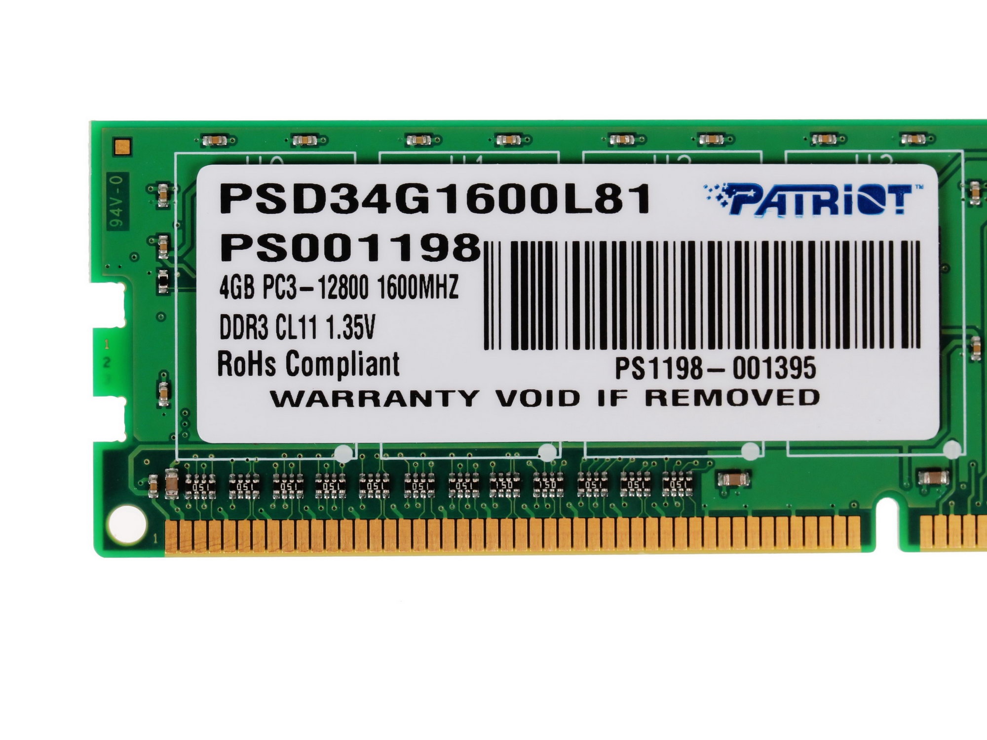 Оперативная память Patriot Signature, DDR3L, 4GB (1x4 GB), 1600 MHz, CL11