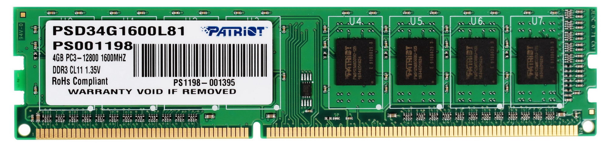 Оперативная память Patriot Signature, DDR3L, 4GB (1x4 GB), 1600 MHz, CL11