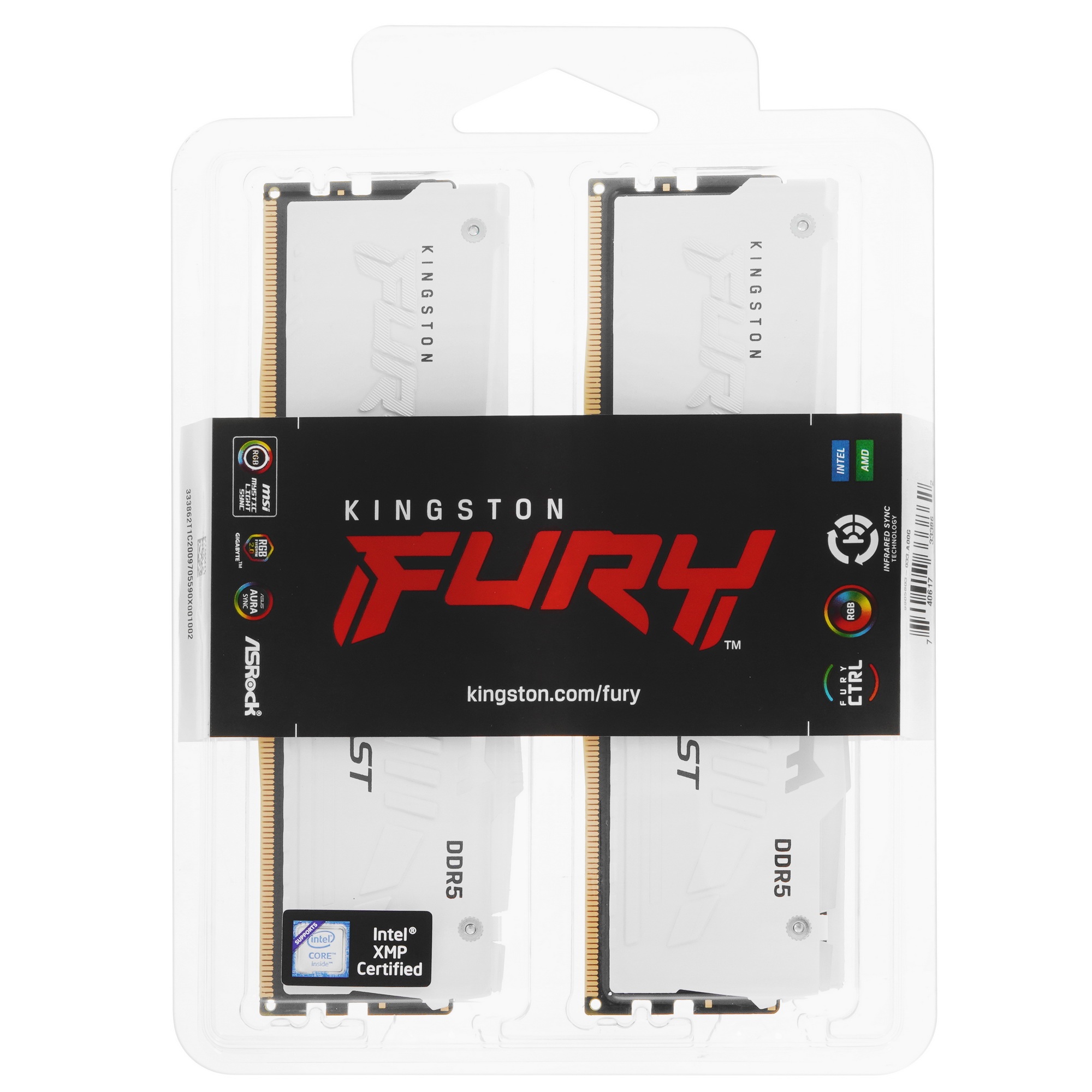 Оперативная память Kingston Fury Beast, DDR5, 32GB (2x16GB), 5200MHz, CL40, с радиаторами, RGB, белы