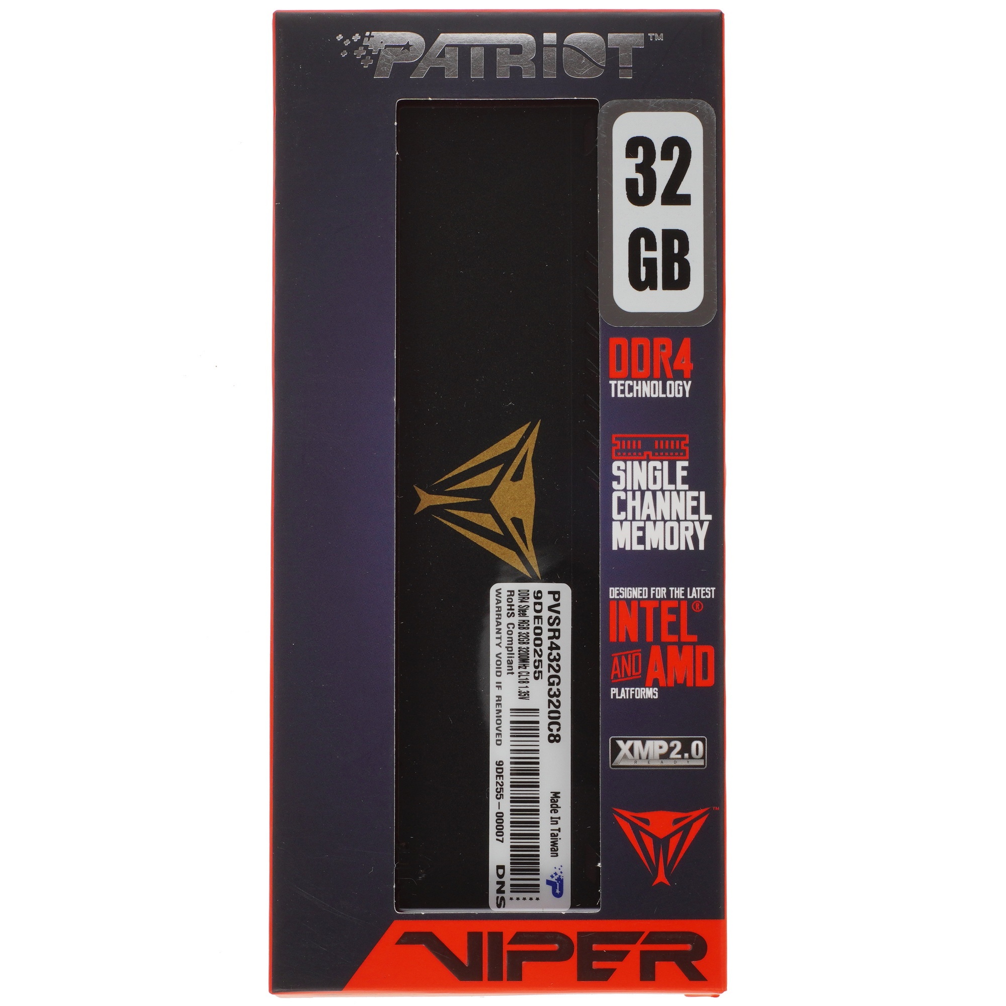 Оперативная память Patriot Viper Steel, DDR4, 32GB (1x32GB), 3200MHz, CL18, с радиатором, RGB, черны