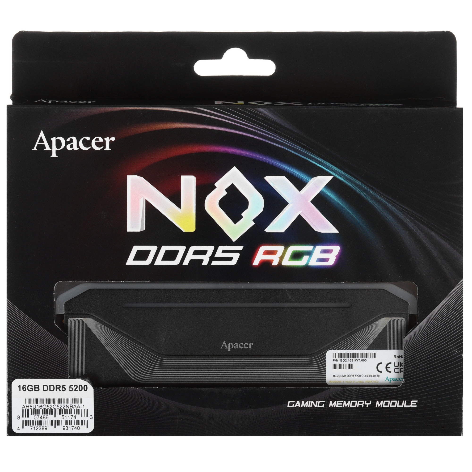 Оперативная память Apacer Nox, DDR5, 16GB (1x16 GB), 5200 MHz, CL40, радиатор, RGB, черный
