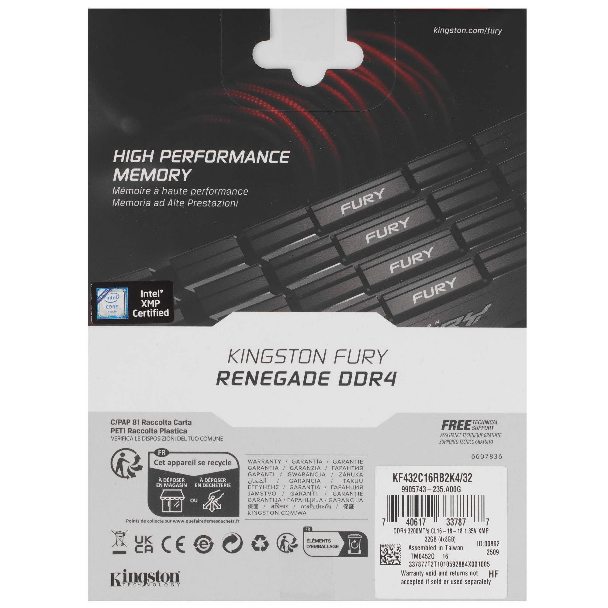 Оперативная память Kingston Fury Renegade, DDR4, 32GB (4x8GB), 3200MHz, CL16, с радиатором, черный