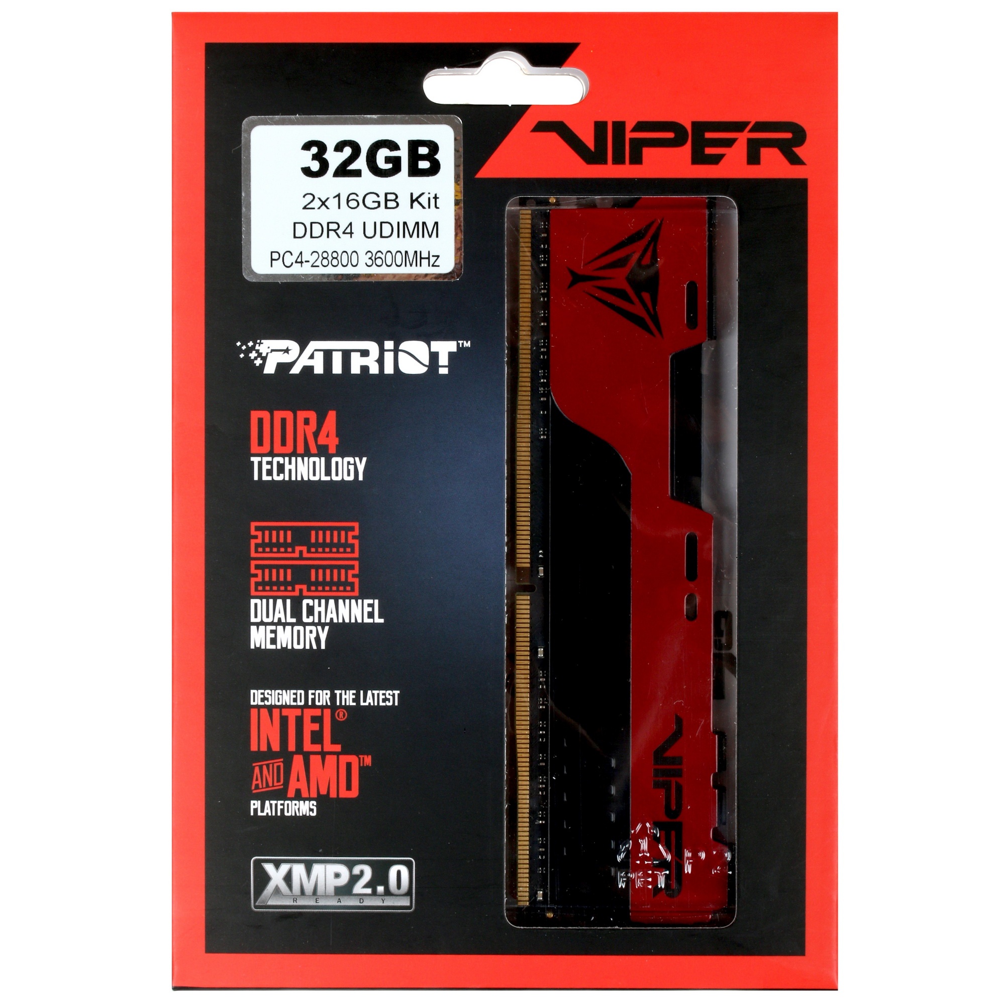 Оперативная память Patriot Viper Elite II, DDR4, 32GB (2x16 GB), 3600 MHz, CL20, радиатор, красный,