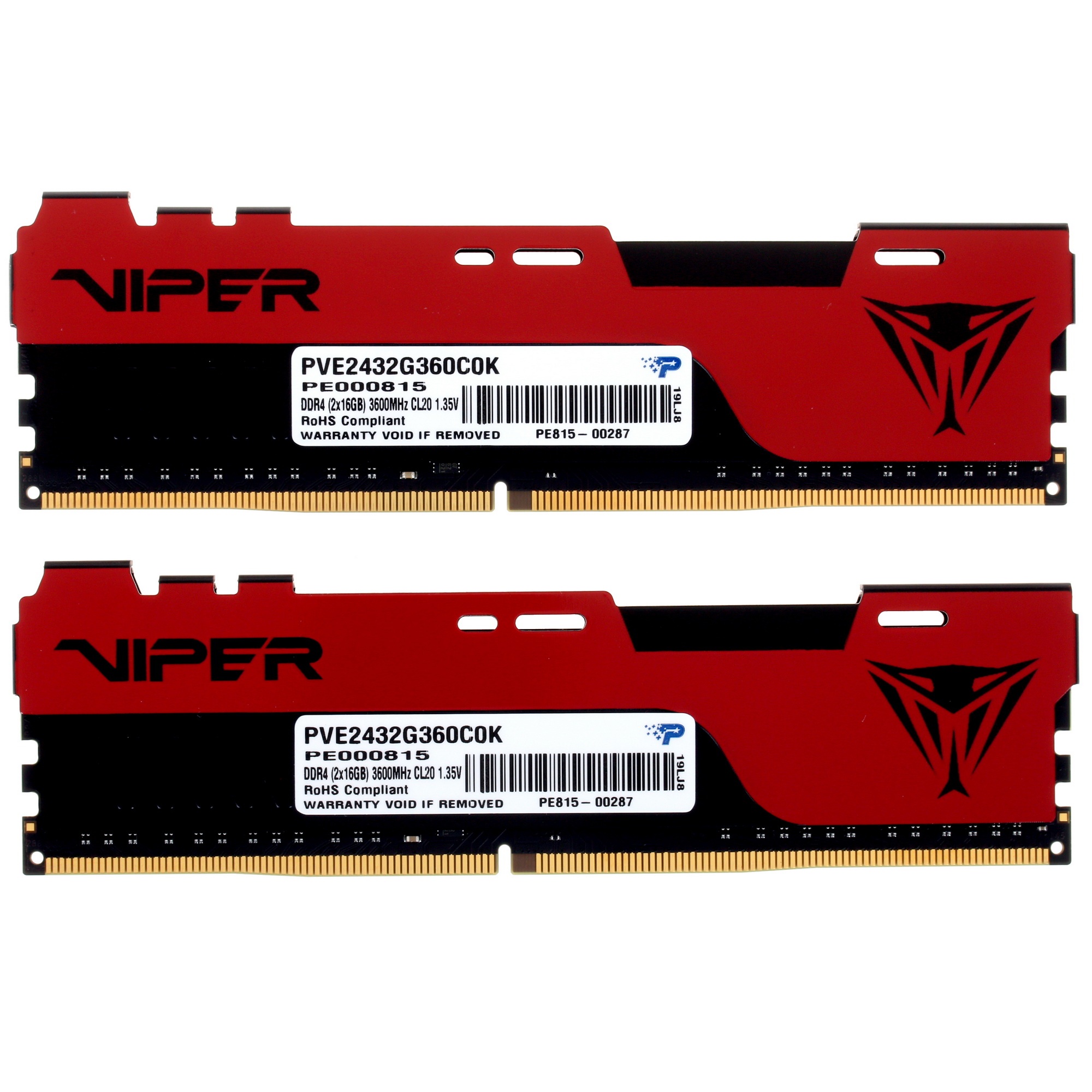 Оперативная память Patriot Viper Elite II, DDR4, 32GB (2x16 GB), 3600 MHz, CL20, радиатор, красный,