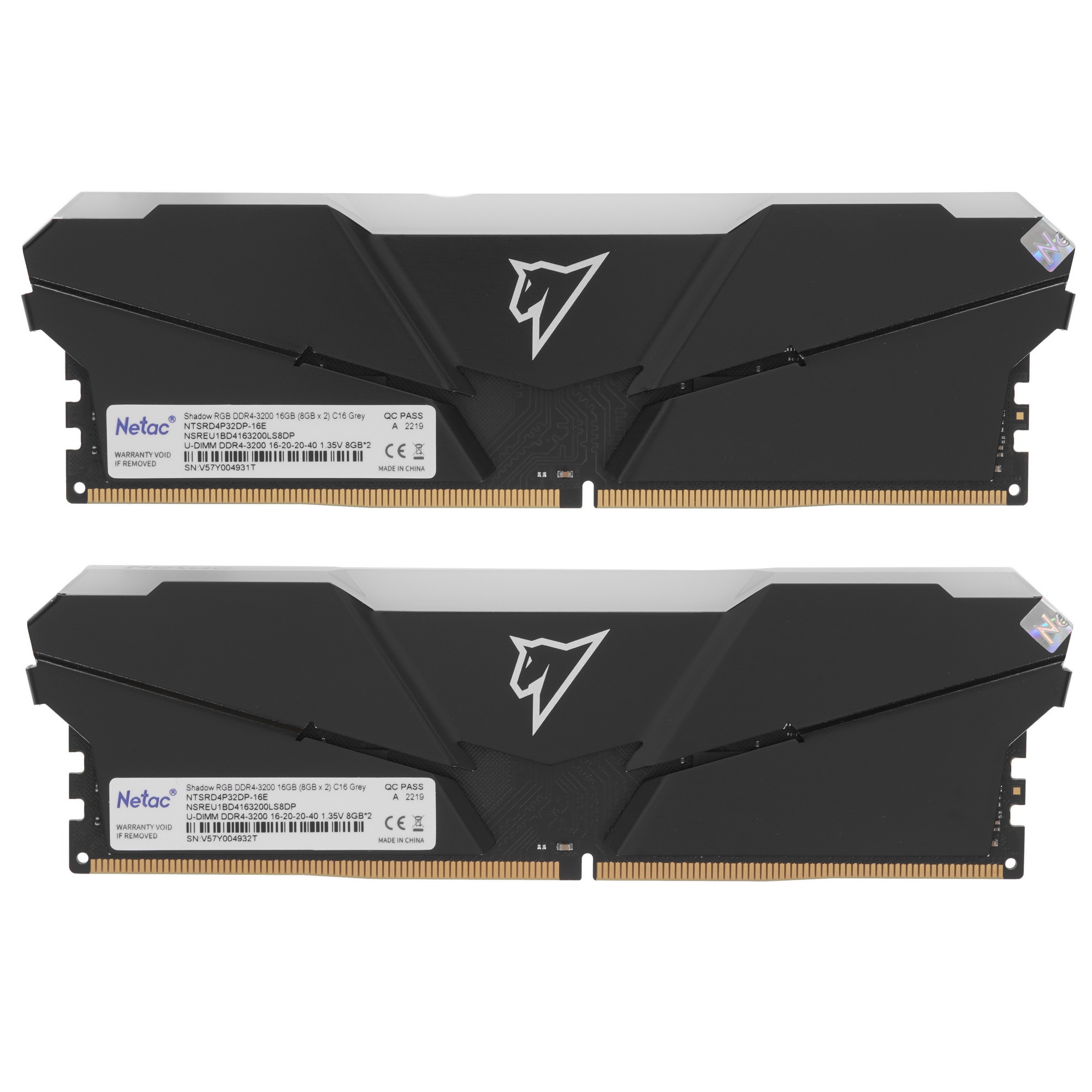 Оперативная память NETAC Shadow, DDR4, 16GB (2x8GB), 3200MHz, CL16, с радиаторами, RGB, серый