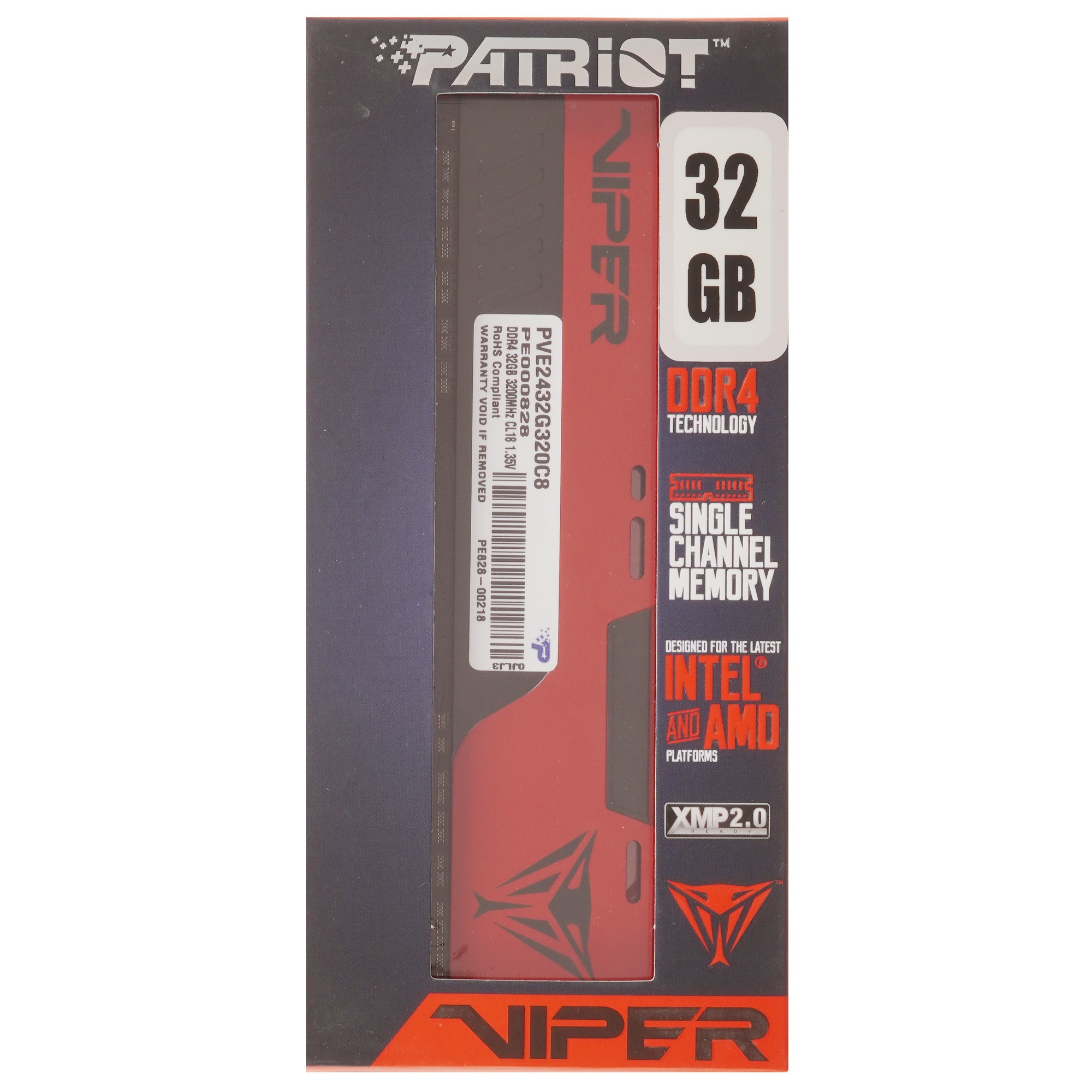 Оперативная память Patriot Viper Elite II, DDR4, 32GB (1x32 GB), 3200 MHz, CL18, радиатор, красный,