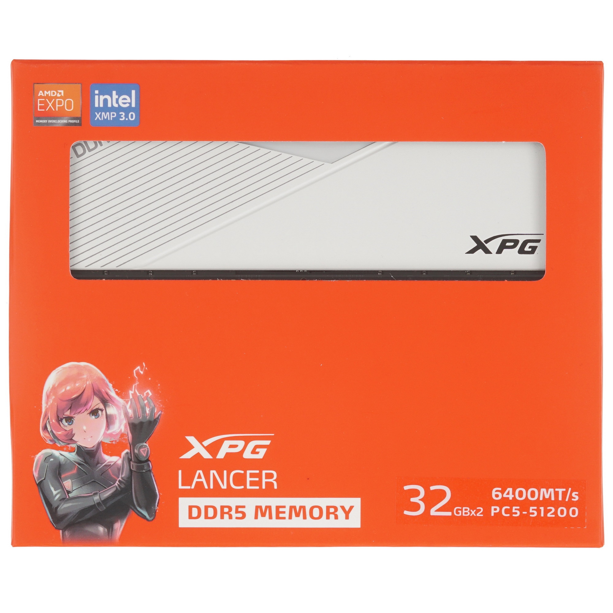 Оперативная память XPG Lancer, DDR5, 64GB (2x32GB), 6400MHz, CL32, с радиаторами, белый