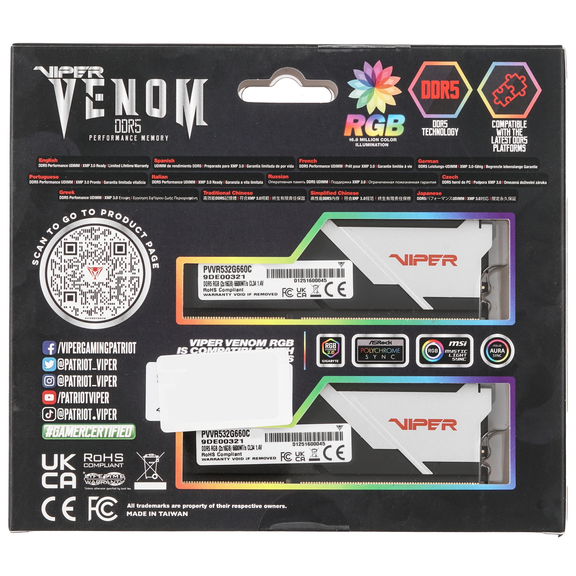 Оперативная память Patriot Viper Venom, DDR5, 32GB (2x16GB), 6600MHz, CL34, с радиаторами, RGB, черн