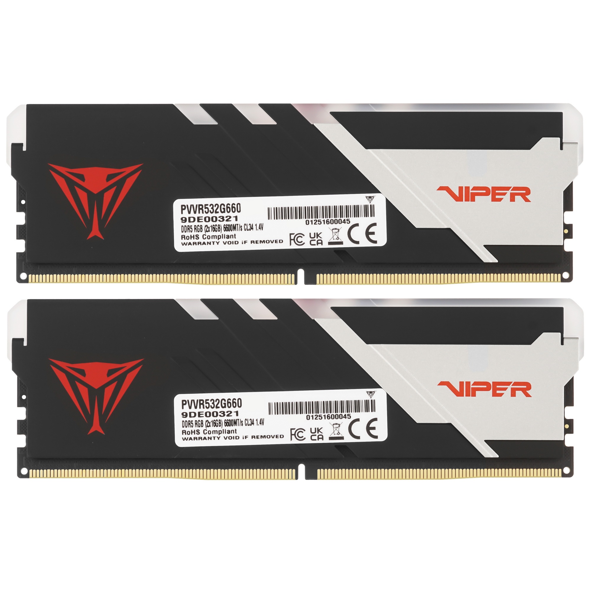 Оперативная память Patriot Viper Venom, DDR5, 32GB (2x16GB), 6600MHz, CL34, с радиаторами, RGB, черн