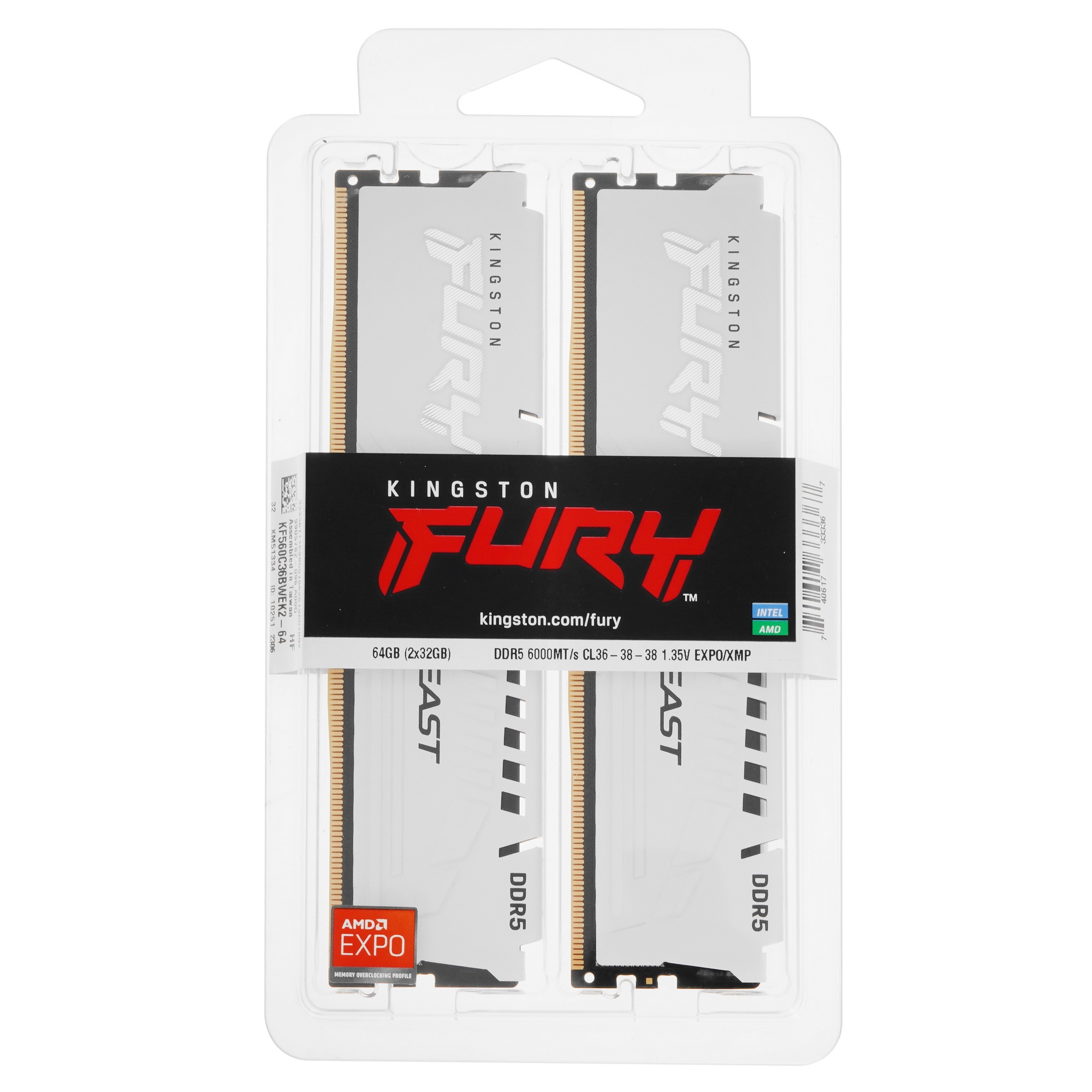 Оперативная память Kingston Fury Beast, DDR5, 64GB (2x32 GB), 6000 MHz, CL36, радиатор, белый