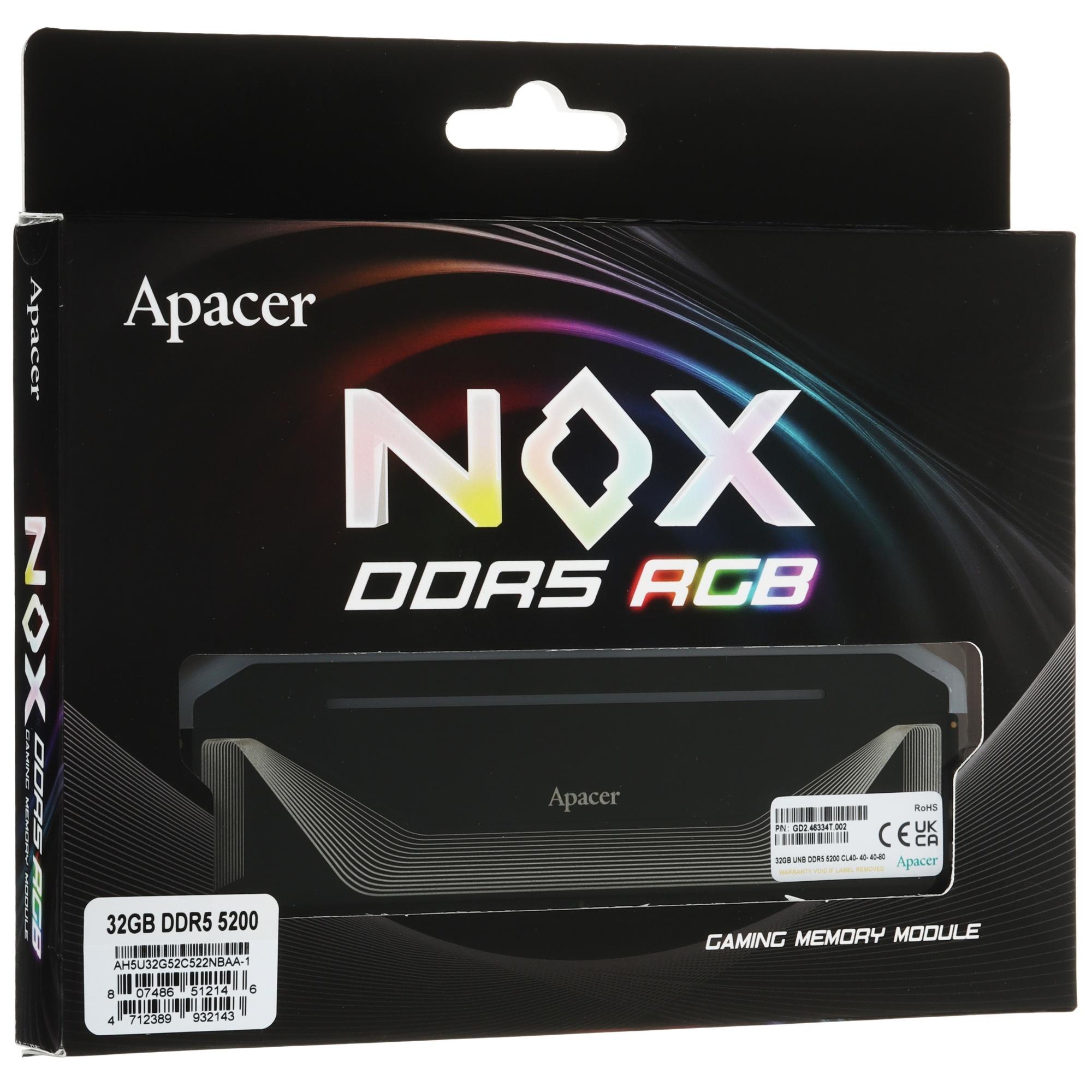 Оперативная память Apacer Nox, DDR5, 32GB (1x32GB), 5200MHz, CL40, радиатор, RGB, черный