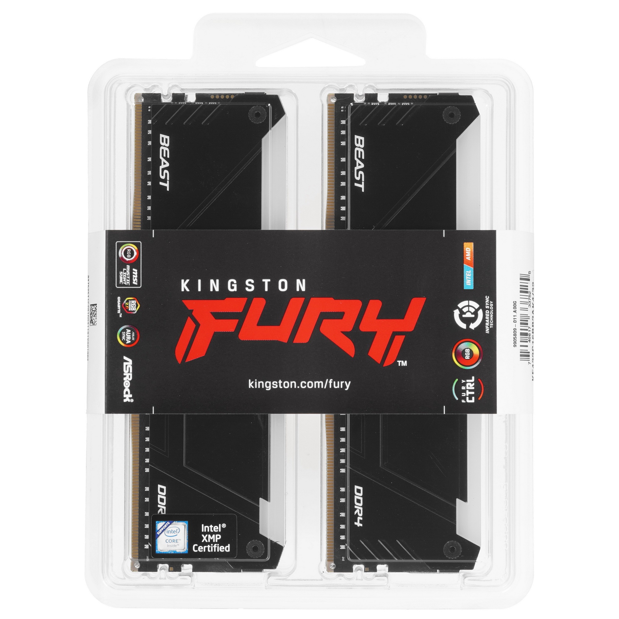 Оперативная память Kingston Fury Beast, DDR4, 32GB (4x8GB), 3200MHz, CL16, с радиатором, RGB, черный
