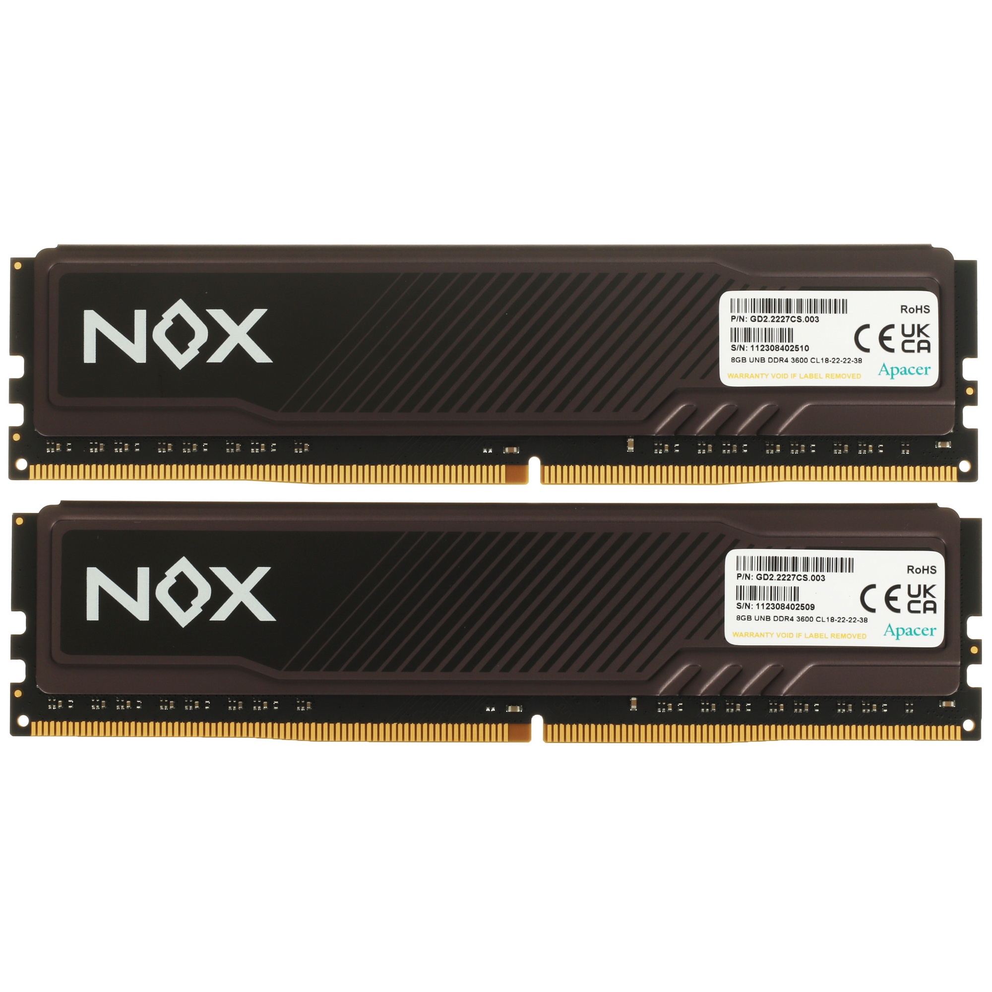 Оперативная память Apacer Nox, DDR4, 16GB (2x8GB), 3600MHz, CL18, UDIMM, с радиатором, серый
