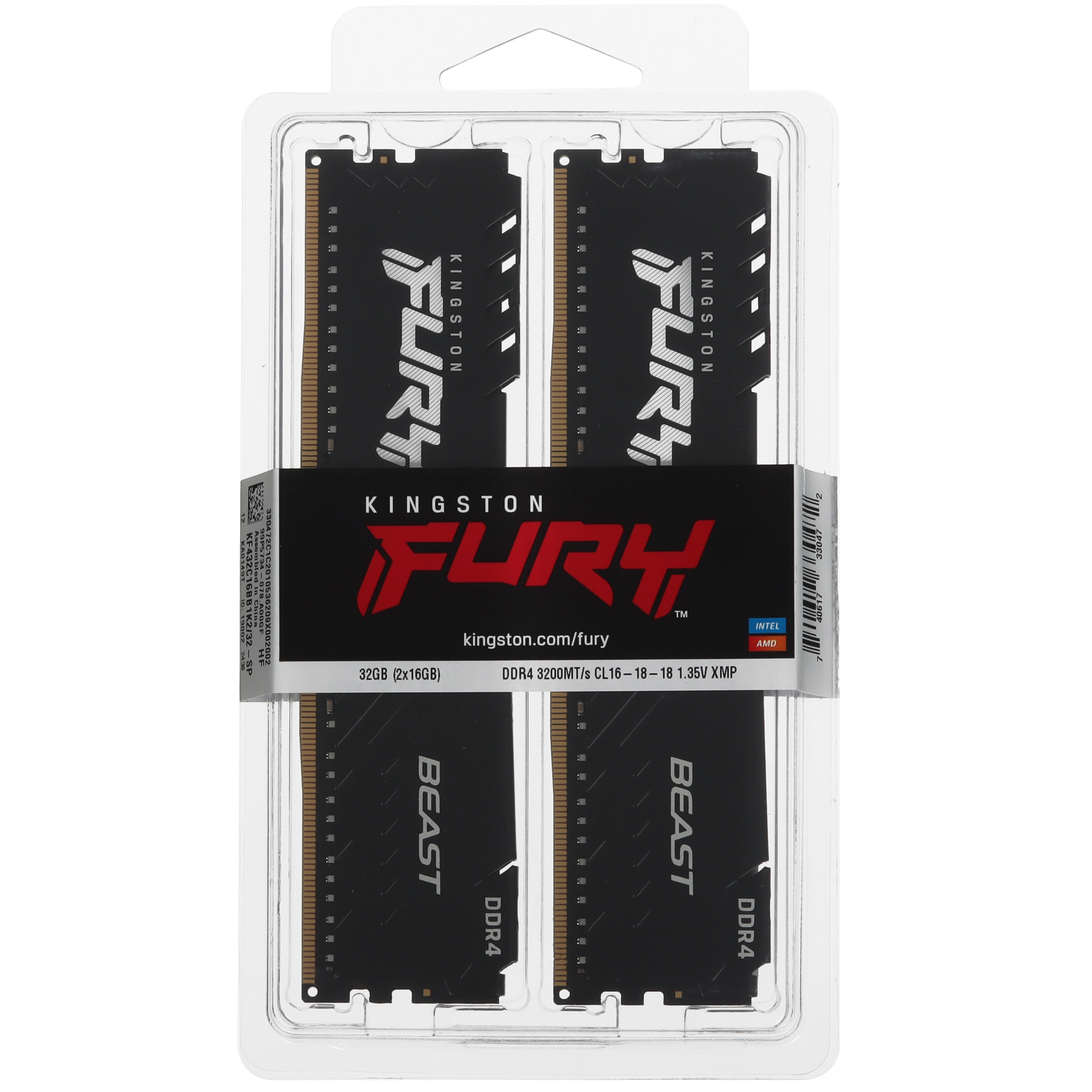 Оперативная память Kingston Fury Beast, DDR4, 32GB (2x16GB), 3200MHz, CL16, с радиатором, чёрный