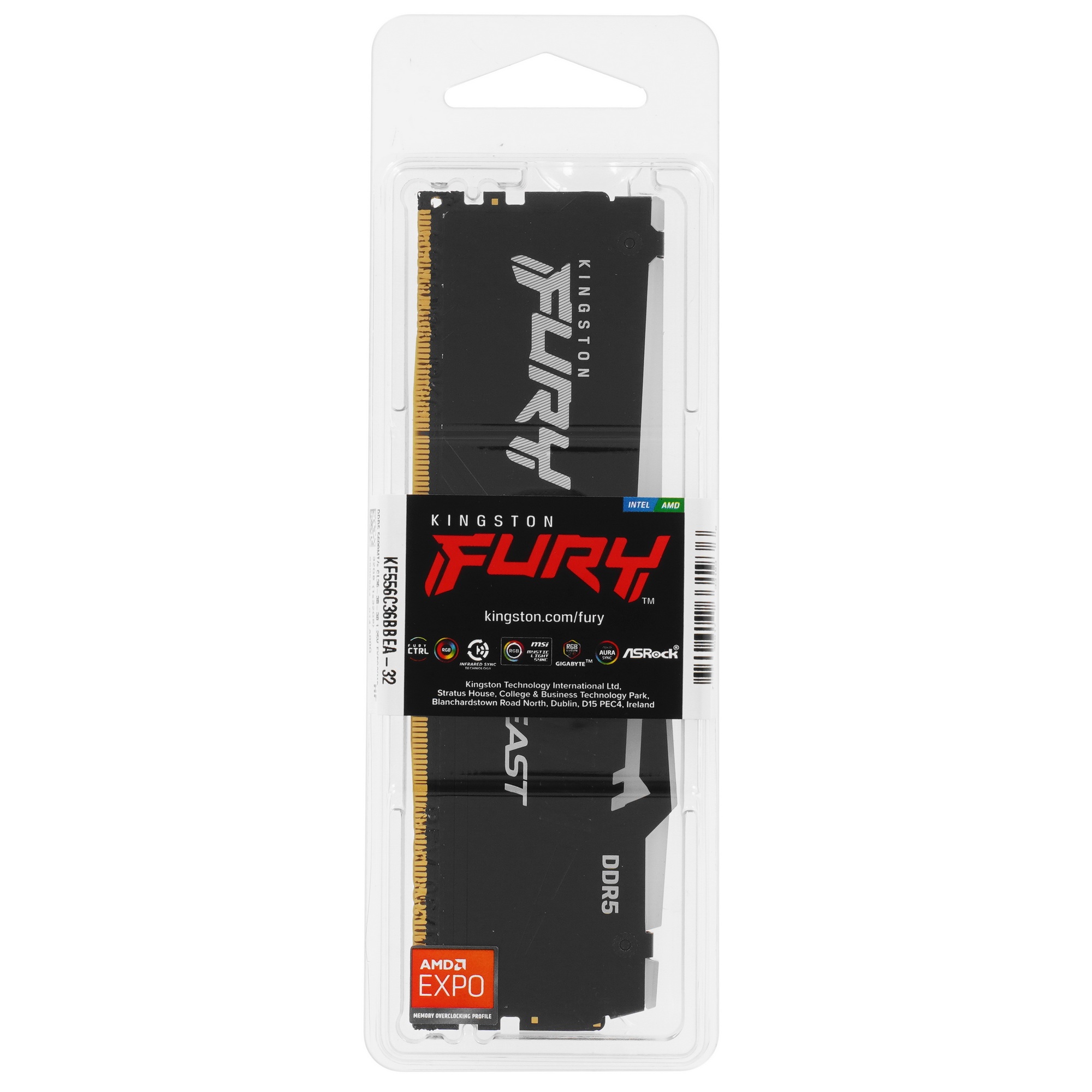 Оперативная память Kingston Fury Beast, DDR5, 32GB (1x32GB), 5600MHz, CL36, радиатор, RGB, чёрный