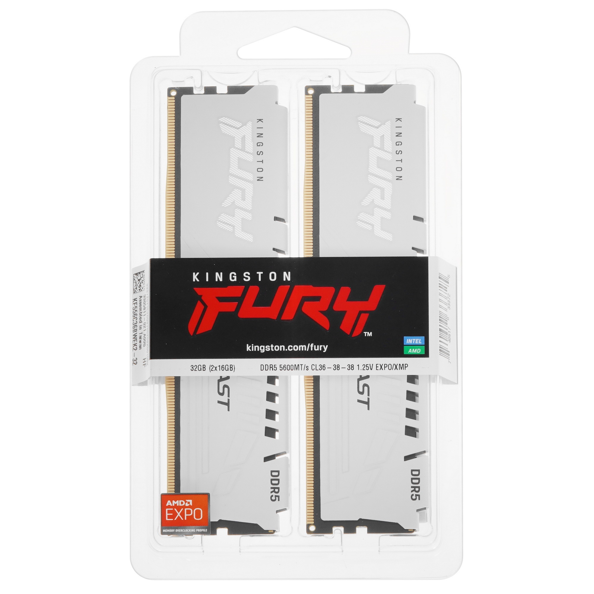 Оперативная память Kingston Fury Beast, DDR5, 32GB (2x16 GB), 5600 MHz, CL36, радиатор, белый