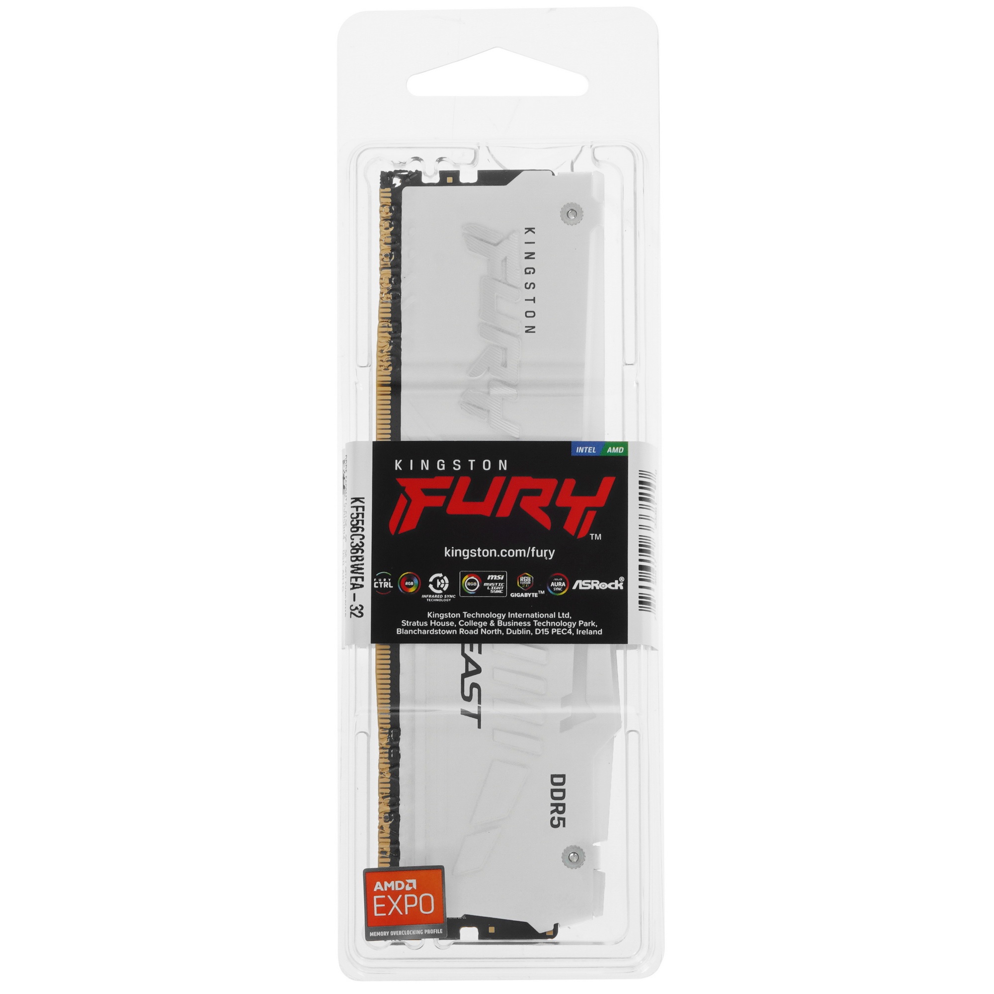 Оперативная память Kingston Fury Beast, DDR5, 32GB (1x32GB), 5600MHz, CL36, радиатор, RGB, белый