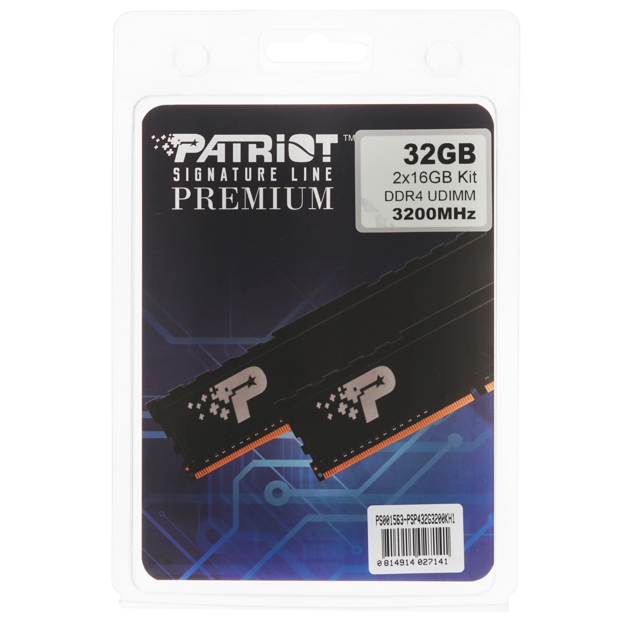 Оперативная память Patriot Signature Premium, DDR4, 32GB (2x16 GB), 3200 MHz, CL22, радиатор, чёрный