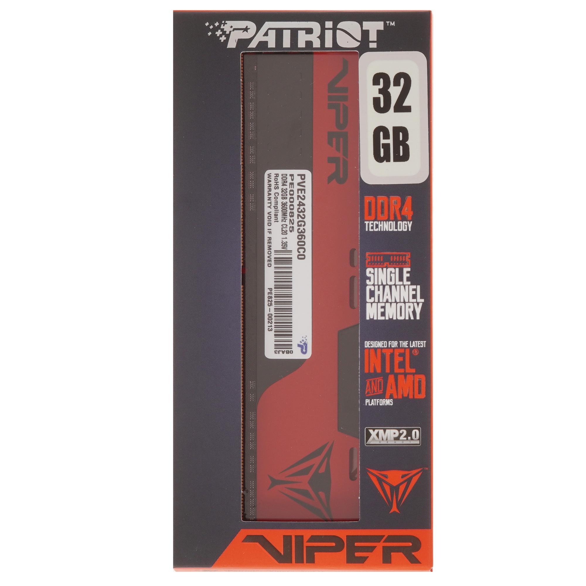 Оперативная память Patriot Viper Elite II, DDR4, 32GB (1x32 GB), 3600 MHz, CL20, радиатор, красный,