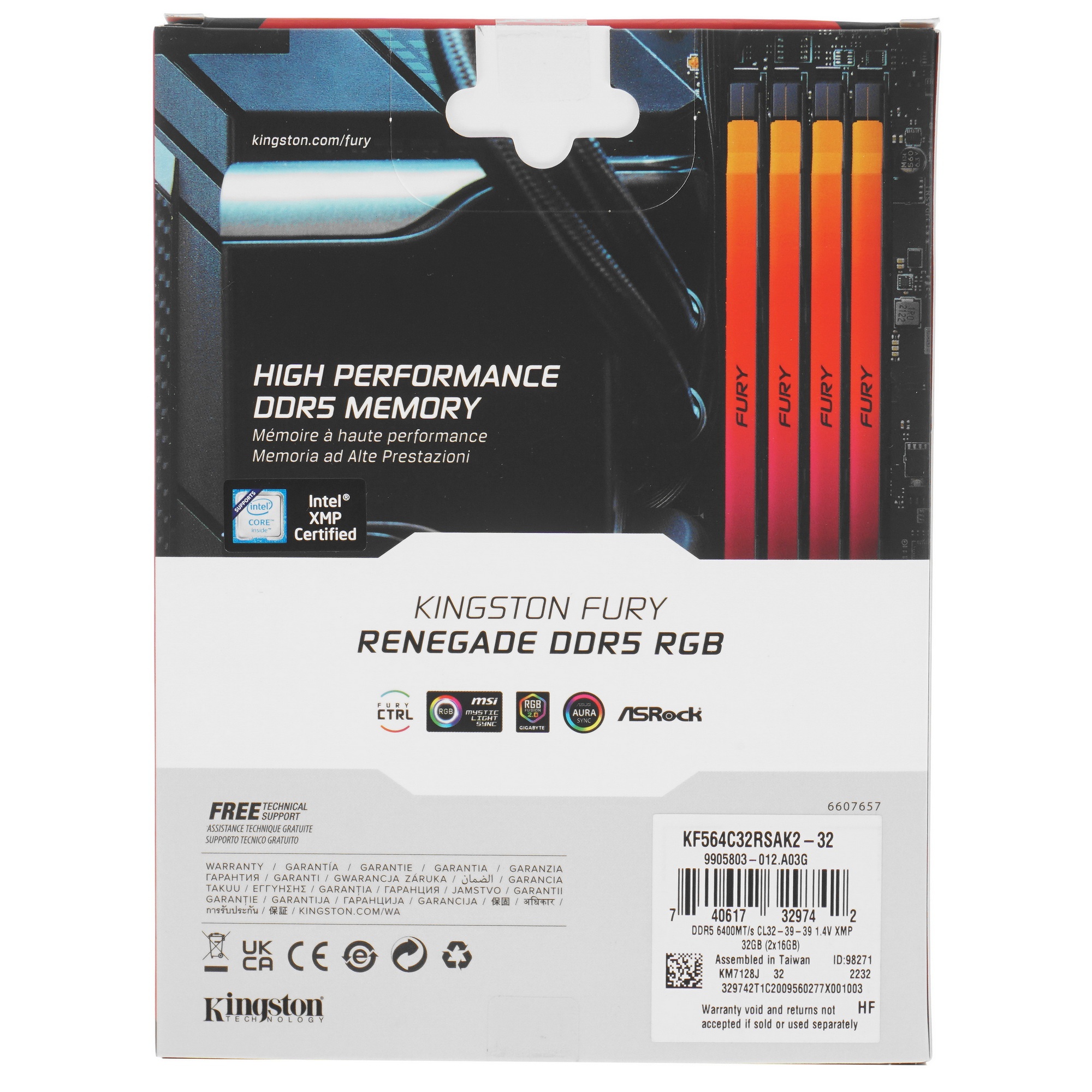 Оперативная память Kingston Fury Renegade, DDR5, 32GB (2x16GB), 6400MHz, CL32, с радиатором, RGB, се