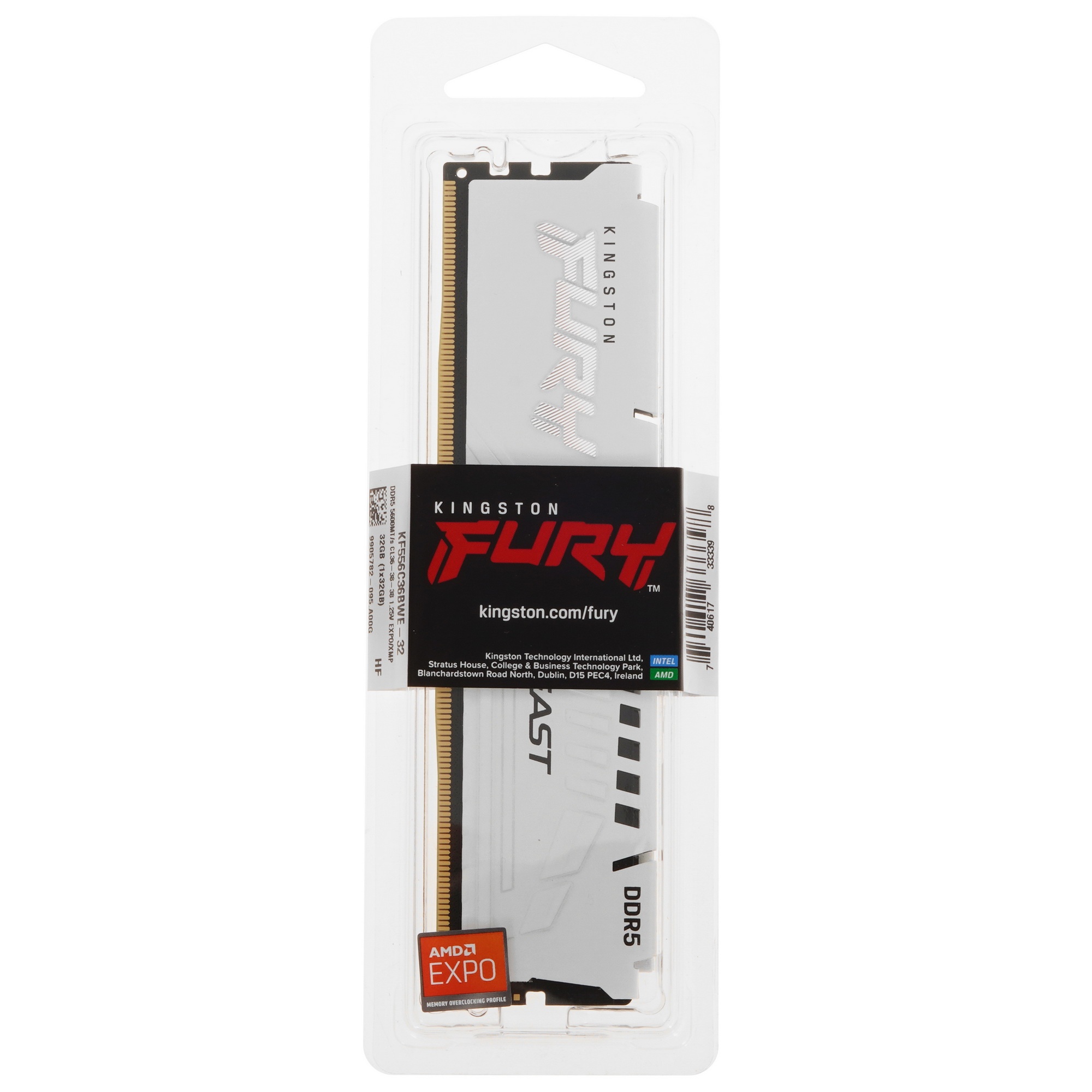 Оперативная память Kingston Fury Beast, DDR5, 32GB (1x32GB), 5600MHz, CL36, с радиаторами, белый