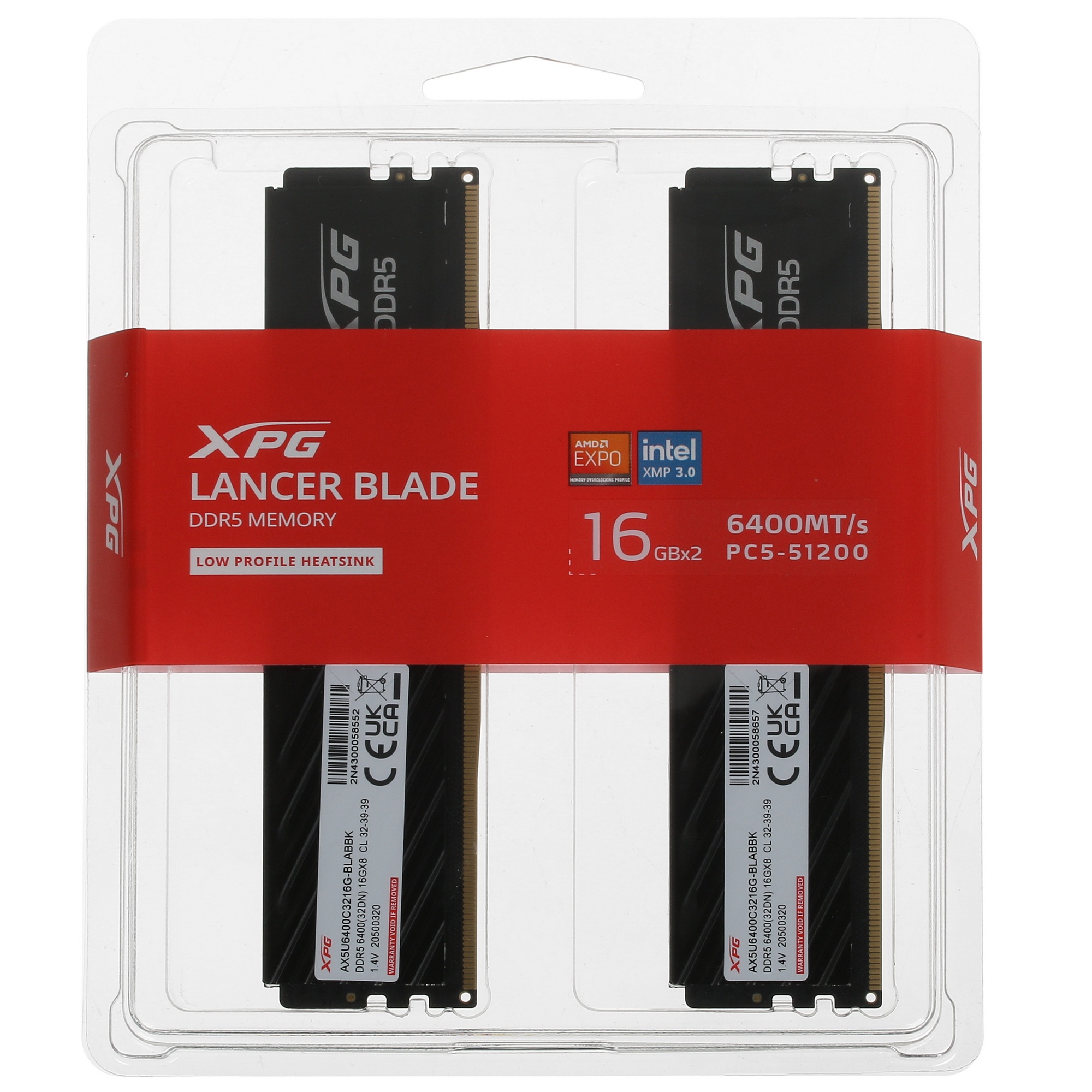 Оперативная память XPG Lancer Blade, DDR5, 32GB (2x16GB), 6400MHz, CL32, с радиаторами, чёрный