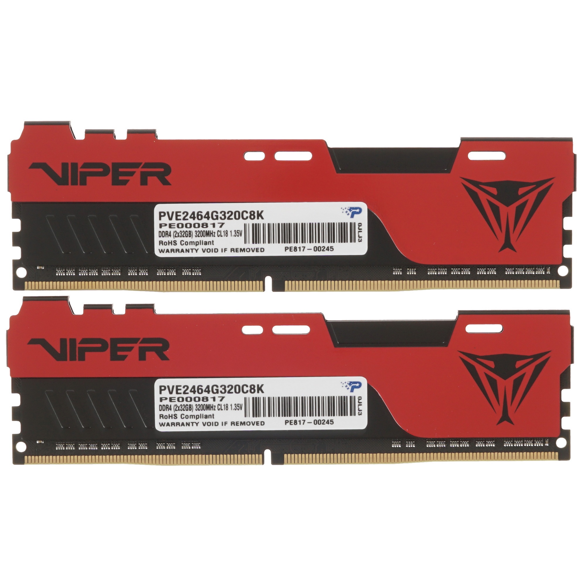 Оперативная память Patriot Viper Elite II, DDR4, 64GB (2x32 GB), 3200 MHz, CL18, радиатор, красный/ч