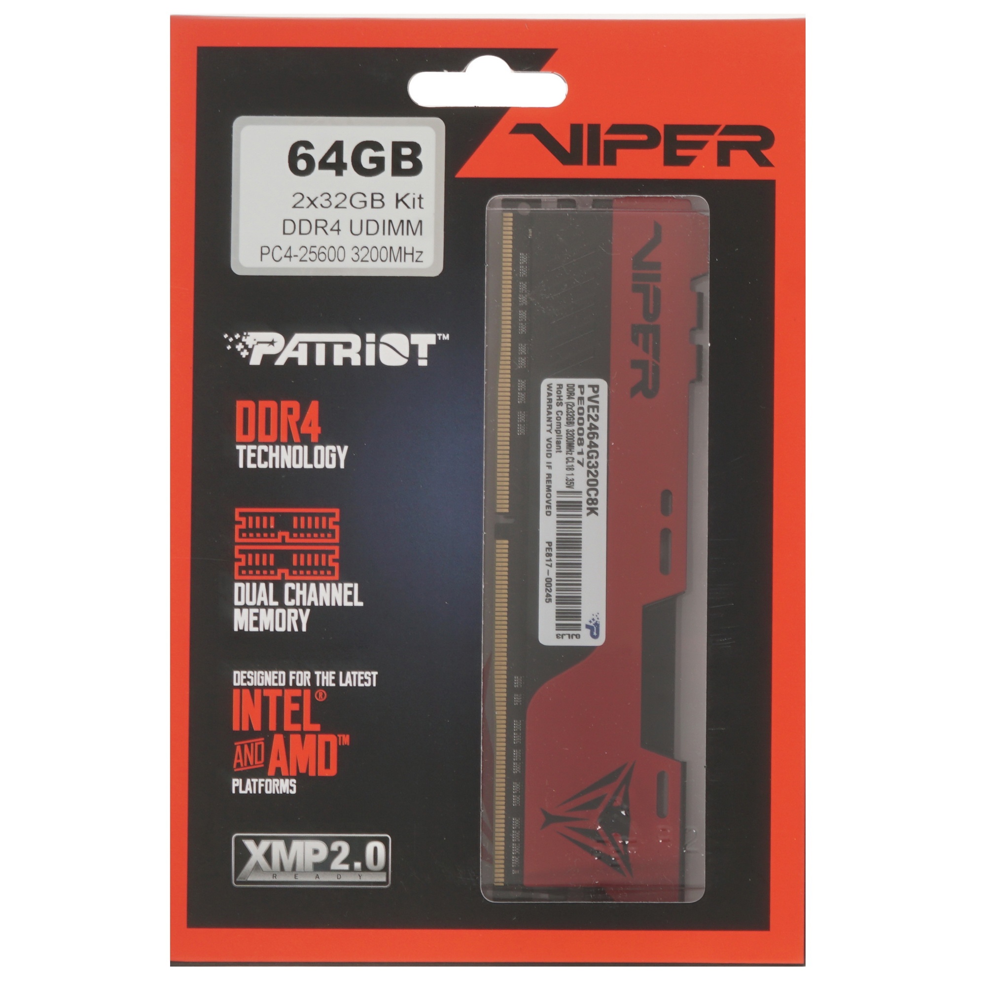 Оперативная память Patriot Viper Elite II, DDR4, 64GB (2x32 GB), 3200 MHz, CL18, радиатор, красный/ч