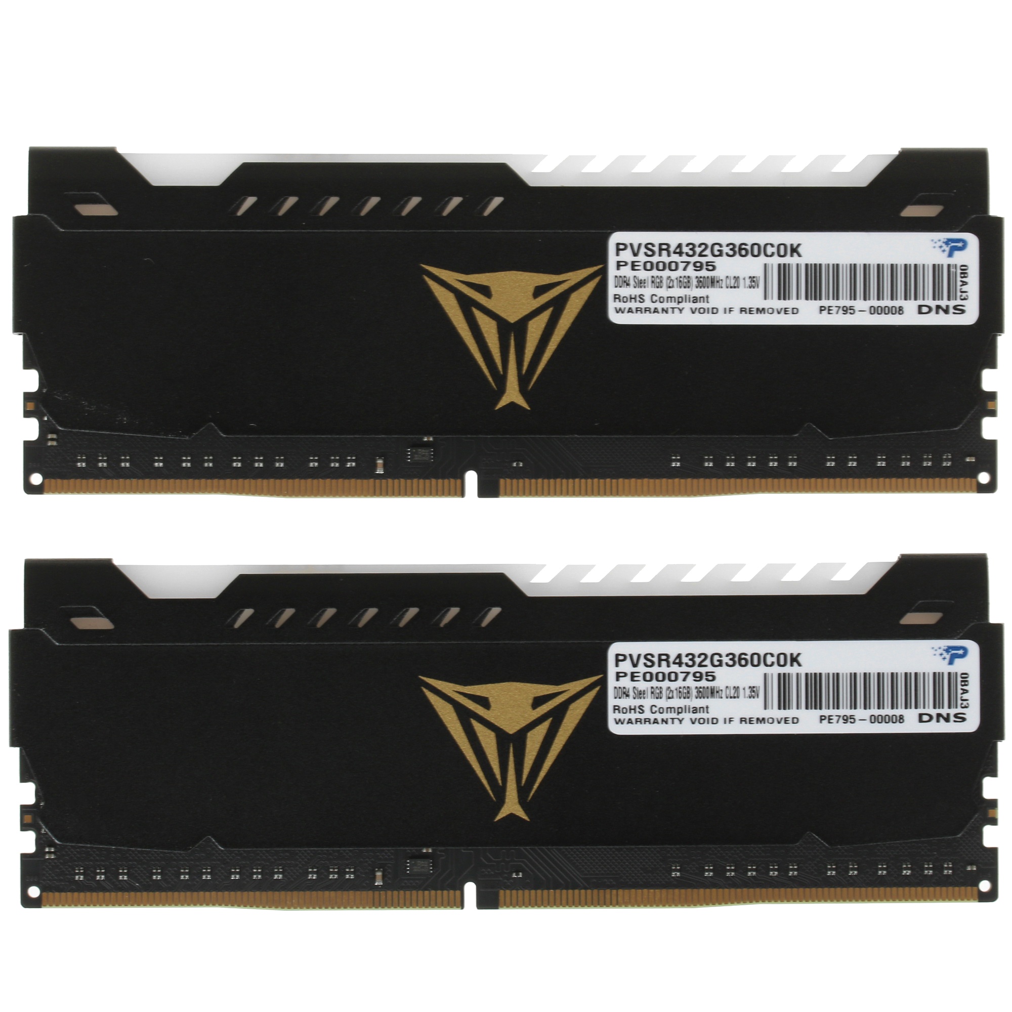 Оперативная память Patriot Viper Steel, DDR4, 32GB (2x16GB), 3600MHz, CL20, с радиатором, RGB, черны