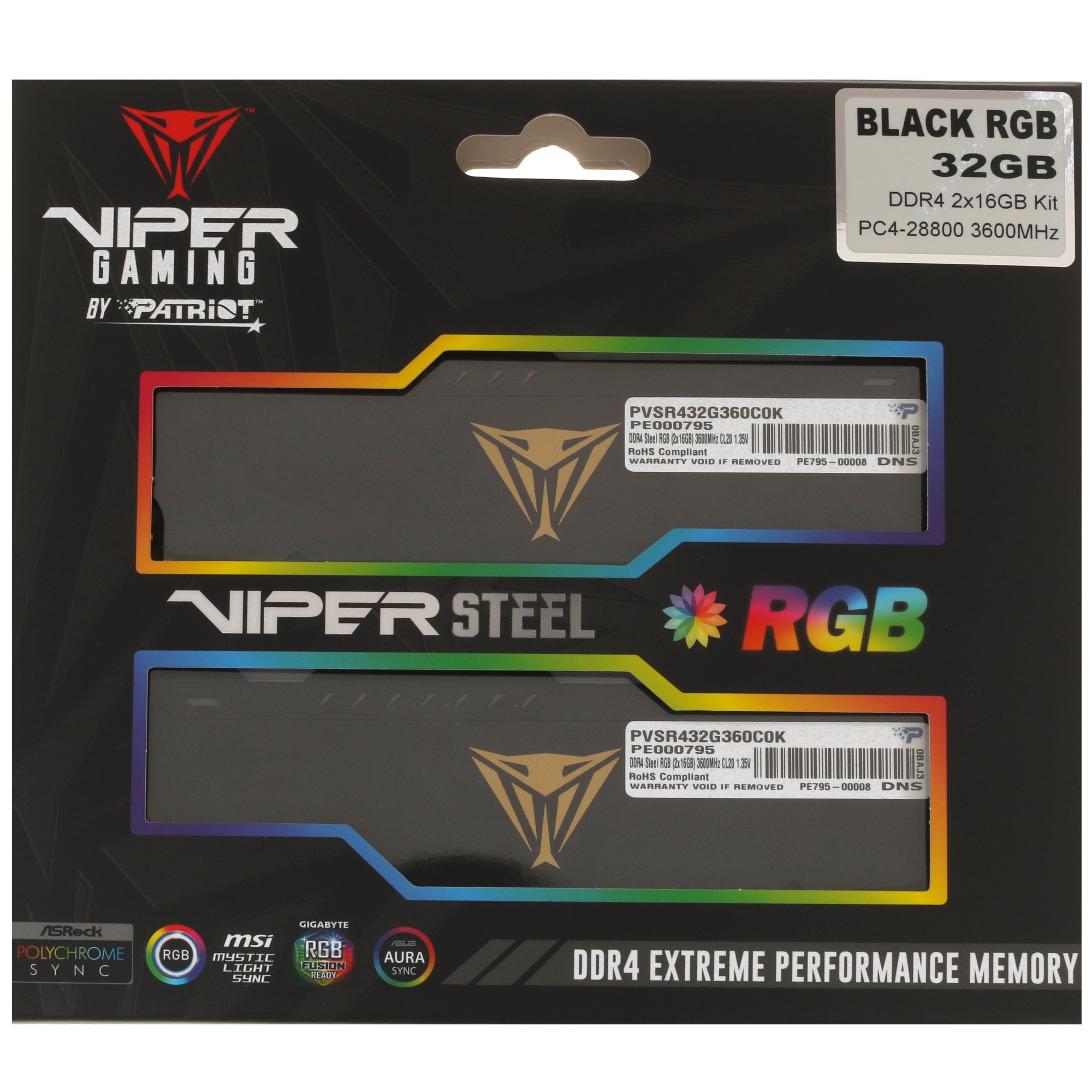 Оперативная память Patriot Viper Steel, DDR4, 32GB (2x16GB), 3600MHz, CL20, с радиатором, RGB, черны