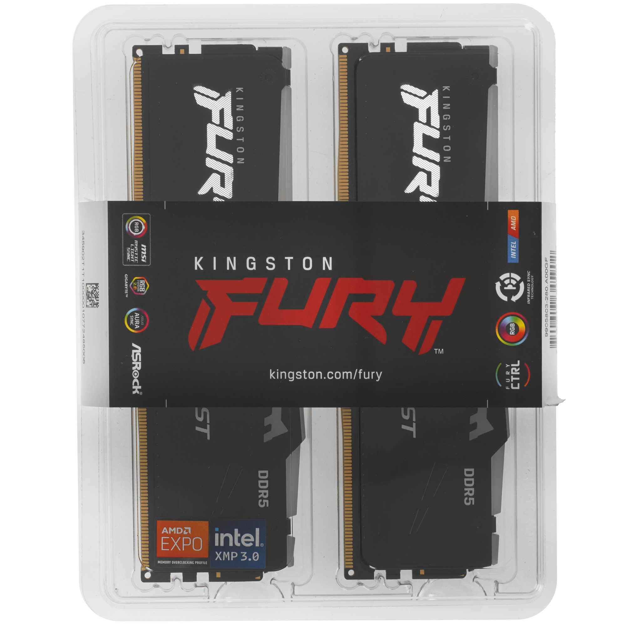 Оперативная память Kingston Fury Beast, DDR5, 32GB (2x16GB), 6000MHz, CL36, с радиаторами, RGB, черн
