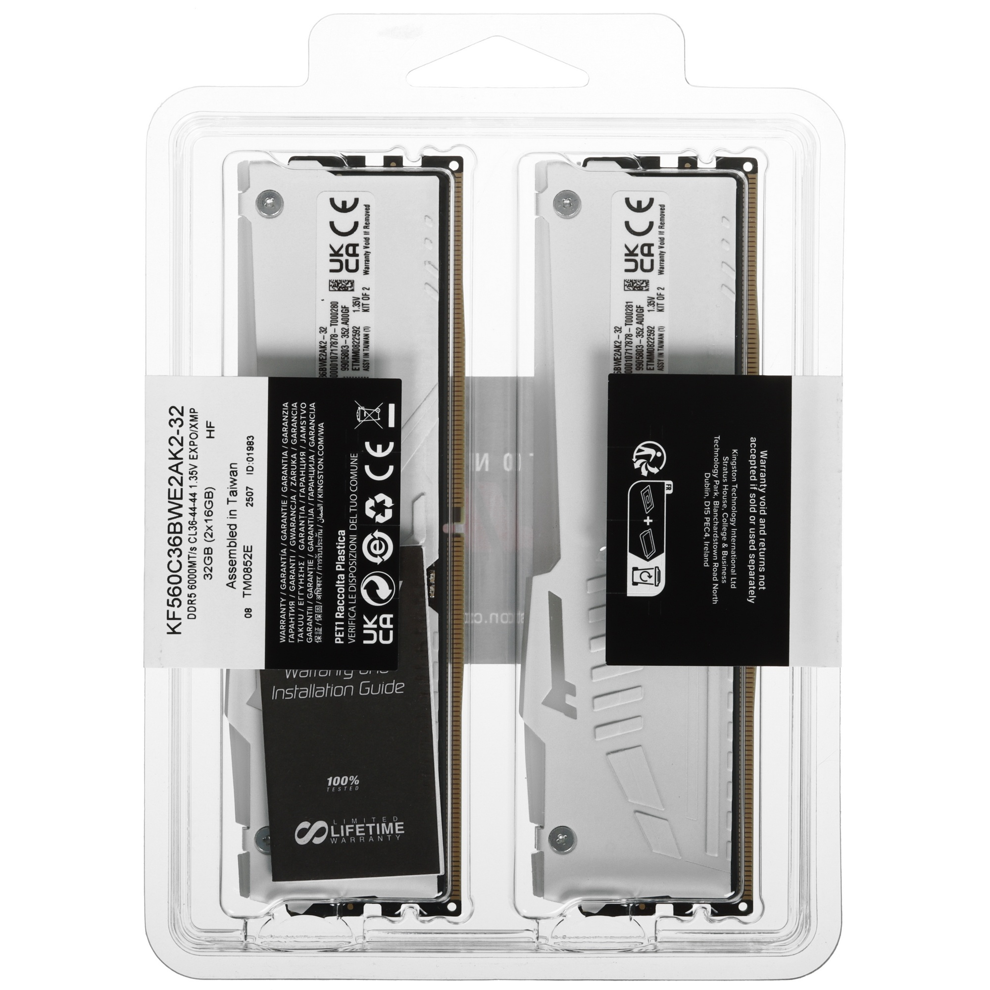 Оперативная память Kingston Fury Beast, DDR5, 32GB (2x16GB), 6000MHz, CL36, с радиаторами, RGB, белы