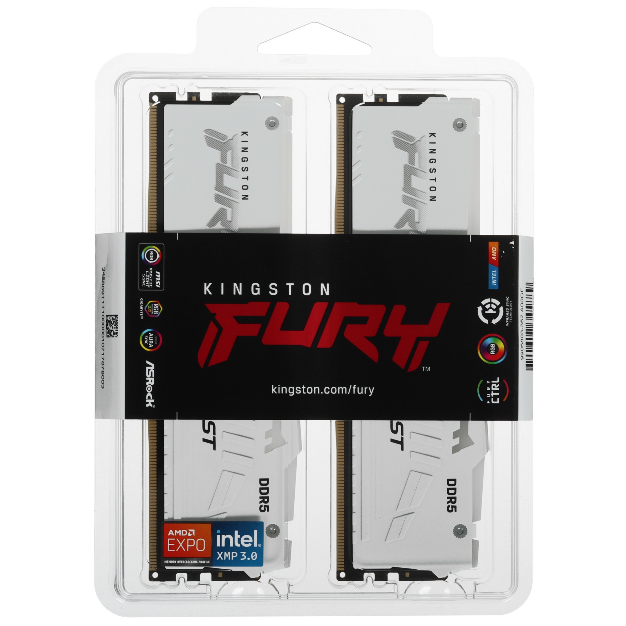 Оперативная память Kingston Fury Beast, DDR5, 32GB (2x16GB), 6000MHz, CL36, с радиаторами, RGB, белы